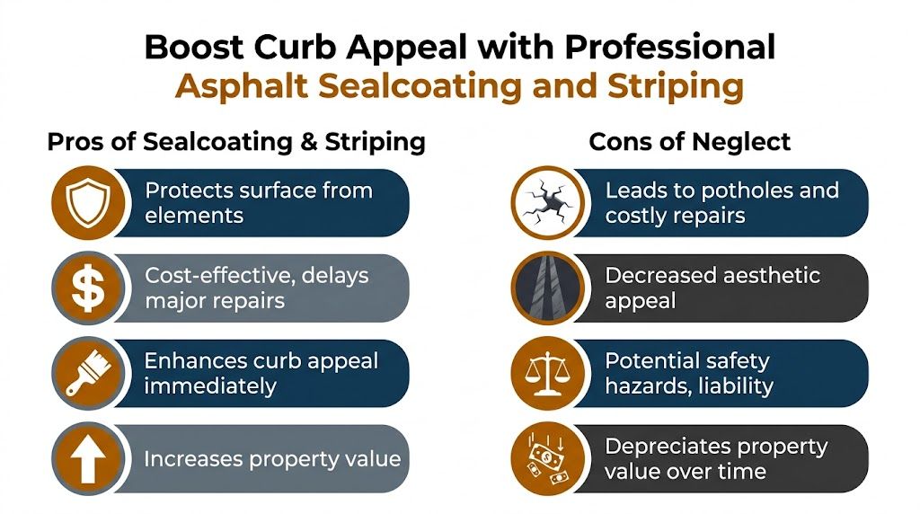 A comparison infographic highlighting the benefits of asphalt sealcoating and striping versus the risks of pavement neglect.