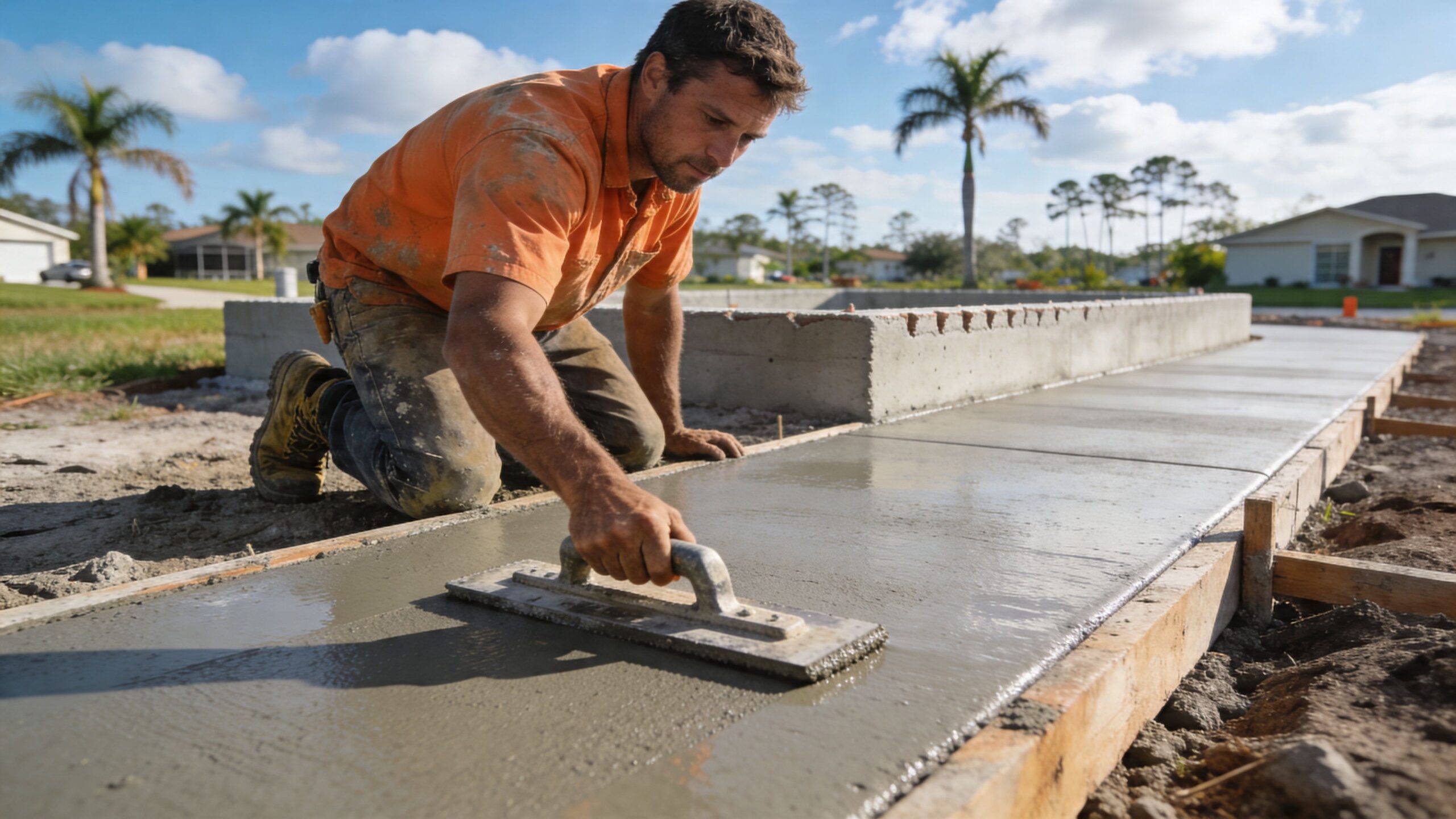 A construction worker smoothing fresh concrete during the installation of a new walkway at a property.