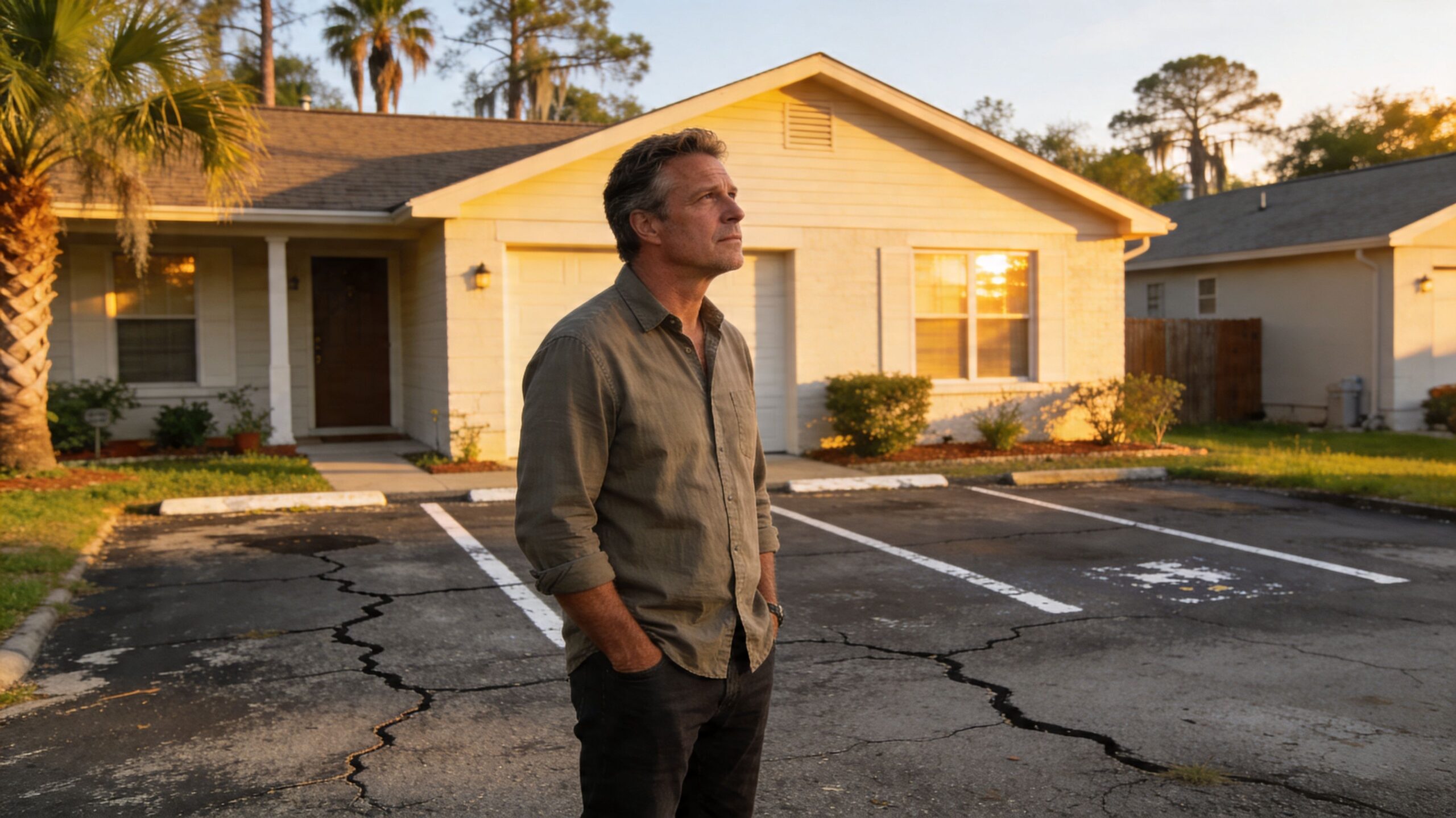 A middle-aged man stands in a parking lot looking up at a single-story residential property.