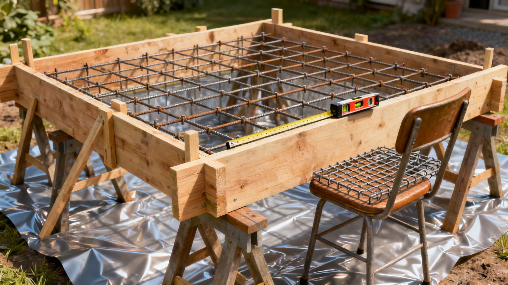 A concrete slab formwork with a rebar grid, a level, and measuring tape outdoors.