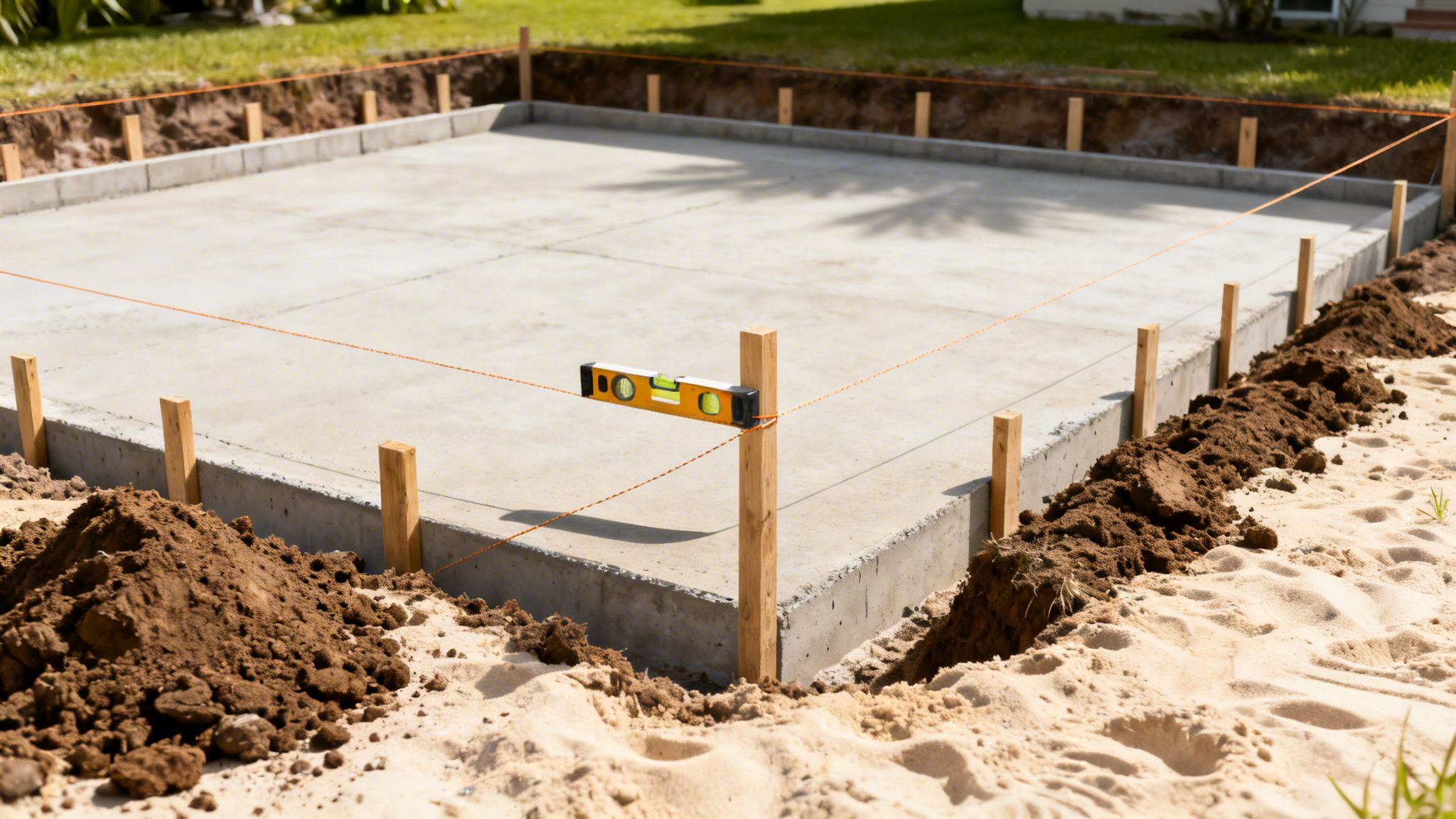 A newly poured concrete slab foundation, with string lines and a level for accurate construction.