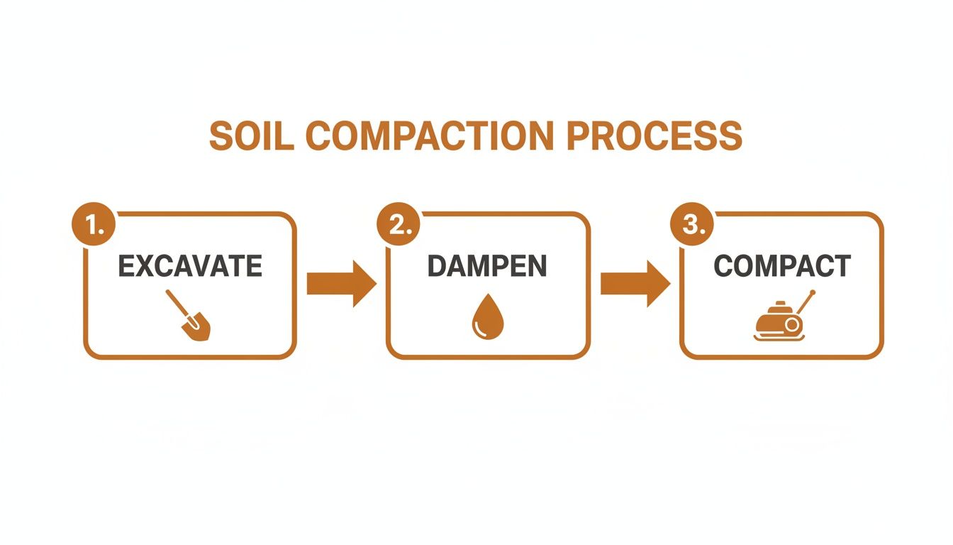 Diagram showing the soil compaction process: 1. Excavate (shovel), 2. Dampen (water drop), 3. Compact (soil compactor).
