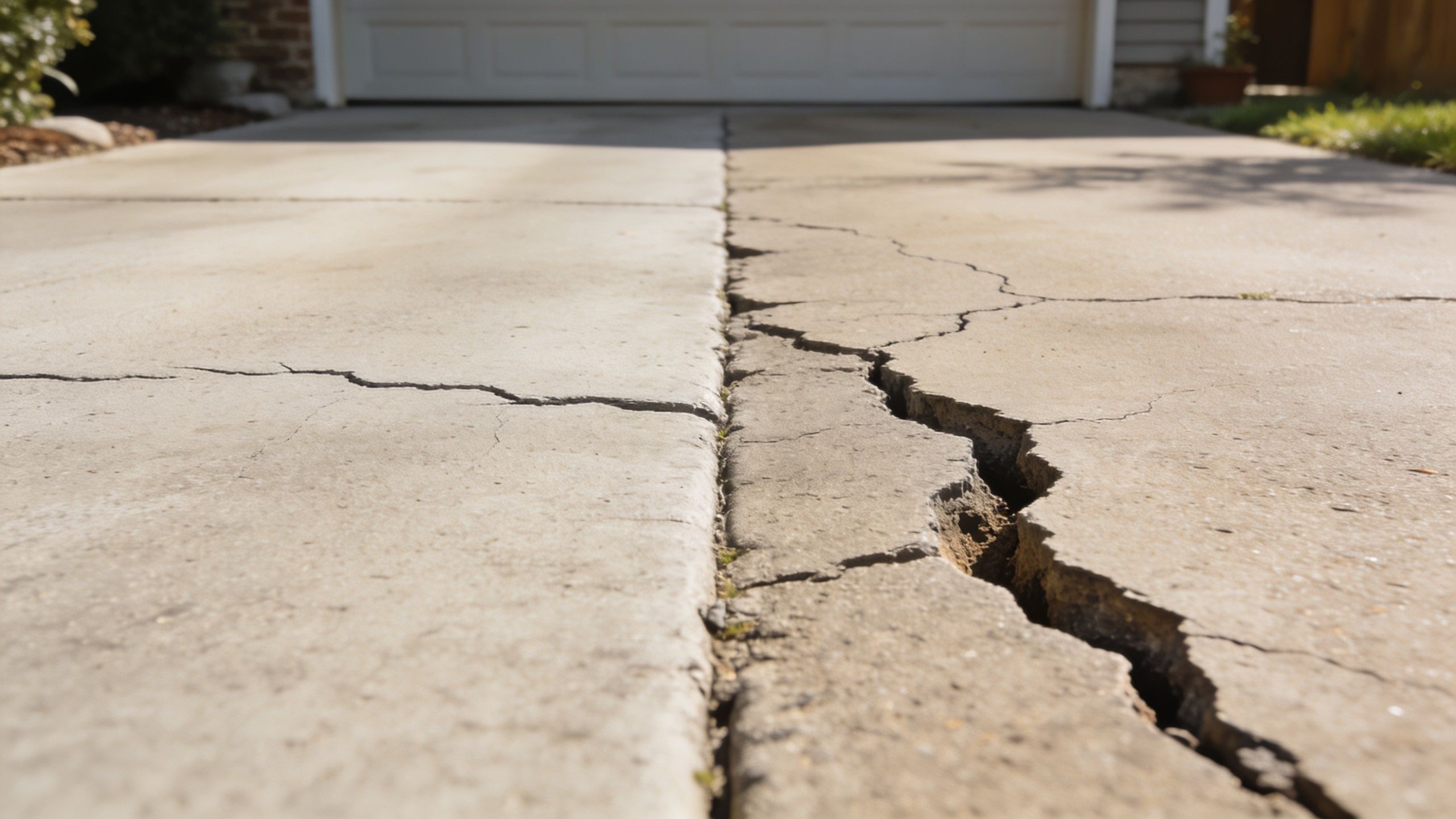 A close up view of a large crack running down the center of a concrete driveway slab.