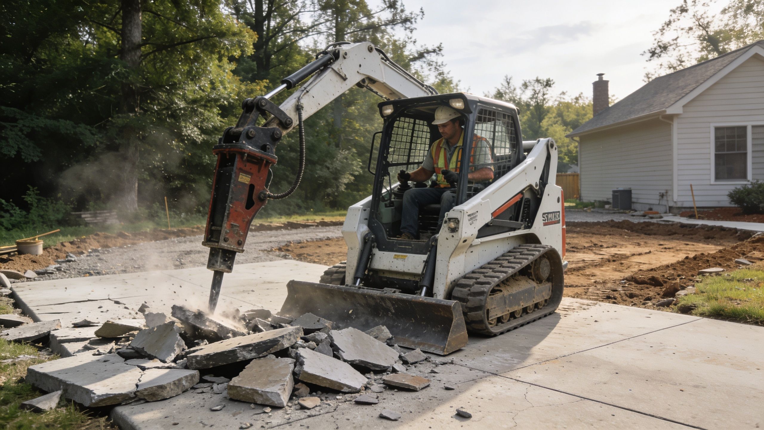 A construction worker uses a skid steer with a hydraulic breaker to demolish a concrete driveway.