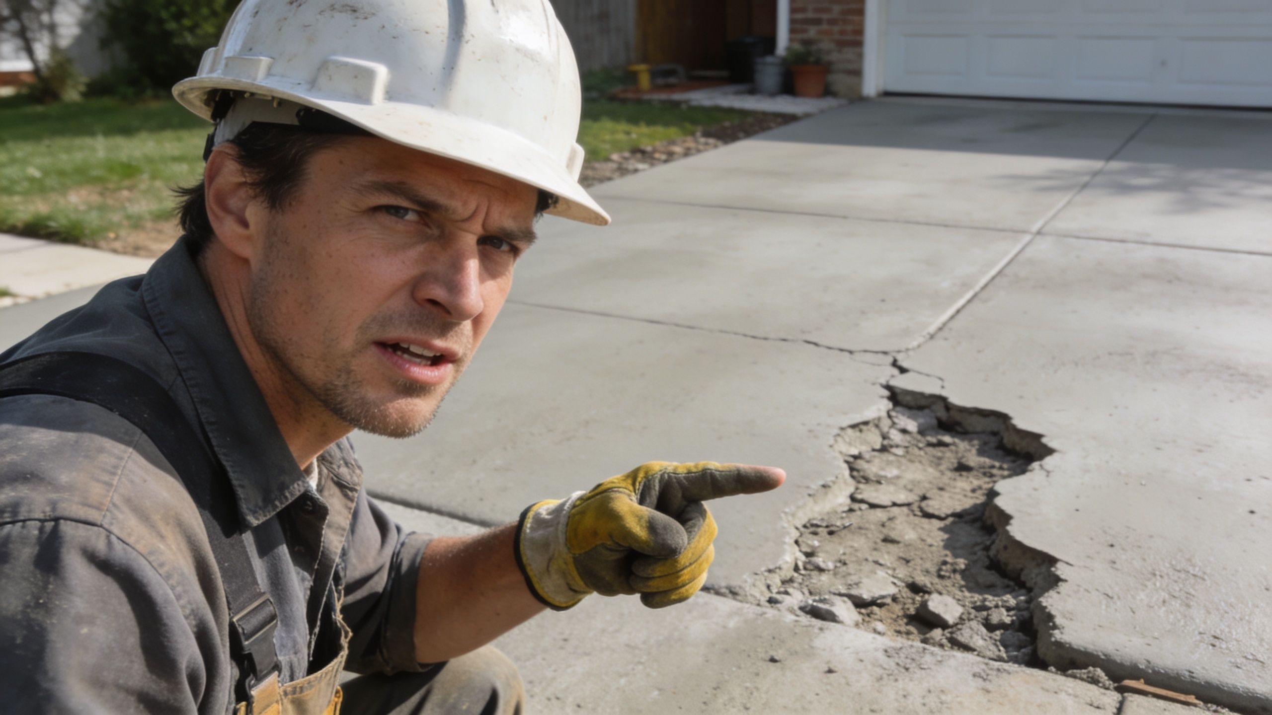 A construction worker in a hard hat points to a damaged section of a concrete driveway.