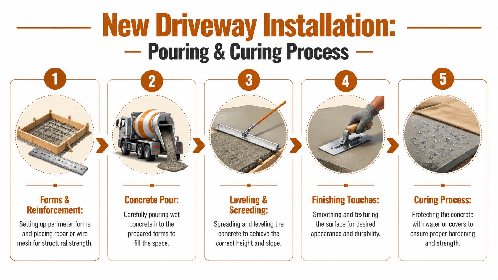 A five-step infographic showing the process of installing a new concrete driveway, from forms to curing.