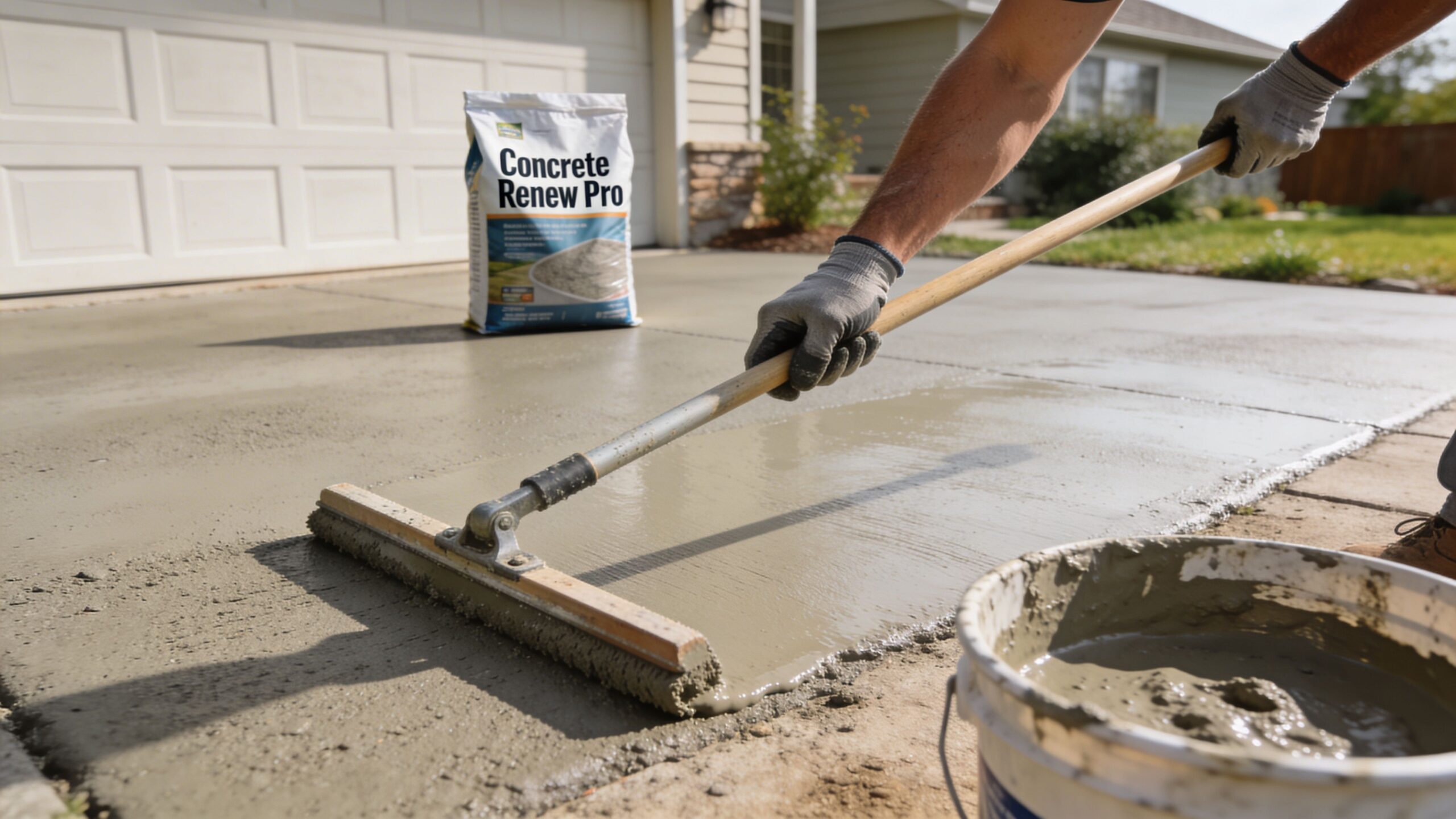 A construction worker spreading concrete resurfacing compound on a driveway using a long handled squeegee tool.