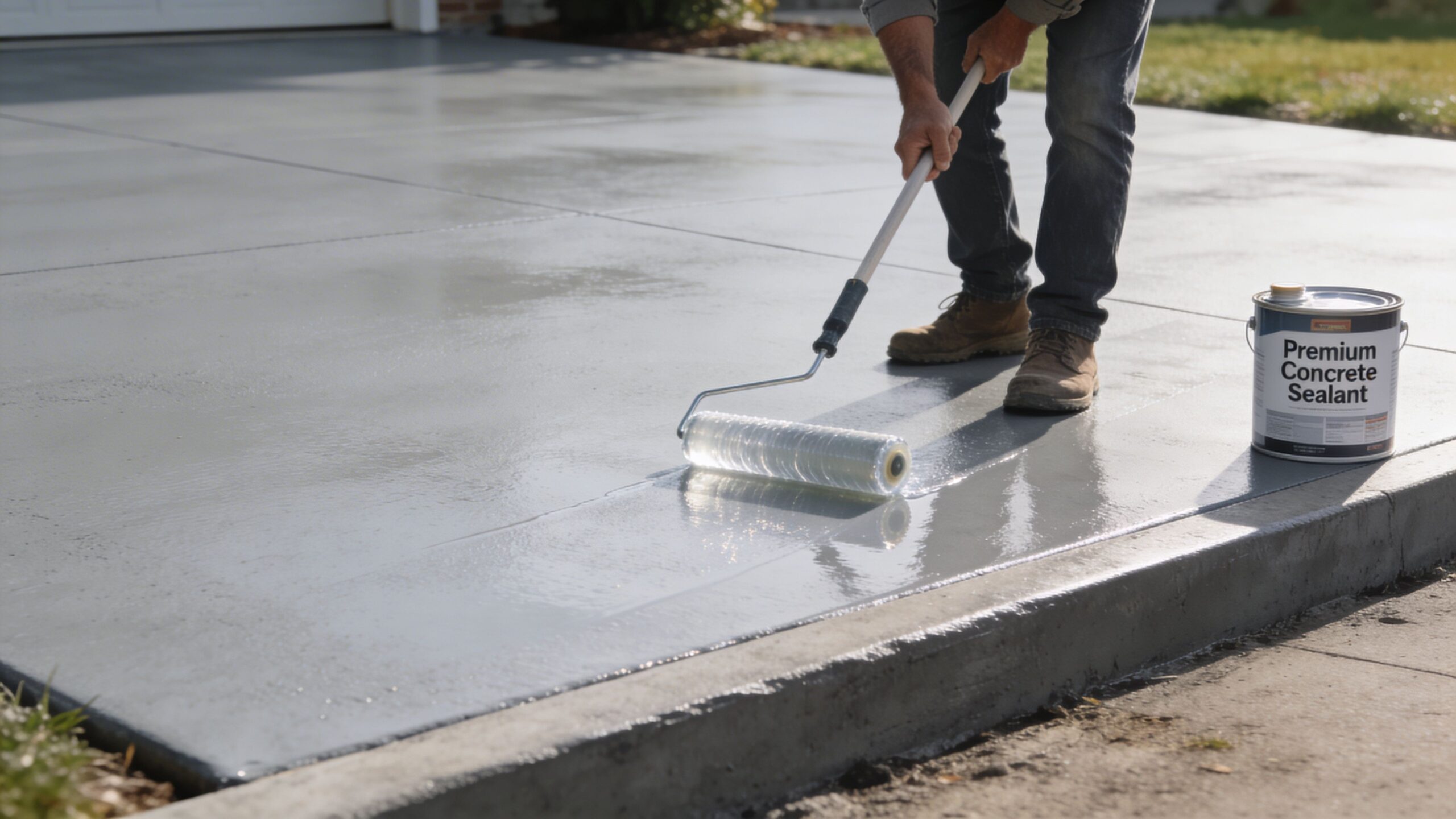 A person applying a shiny protective coating to a concrete driveway using a long-handled paint roller.