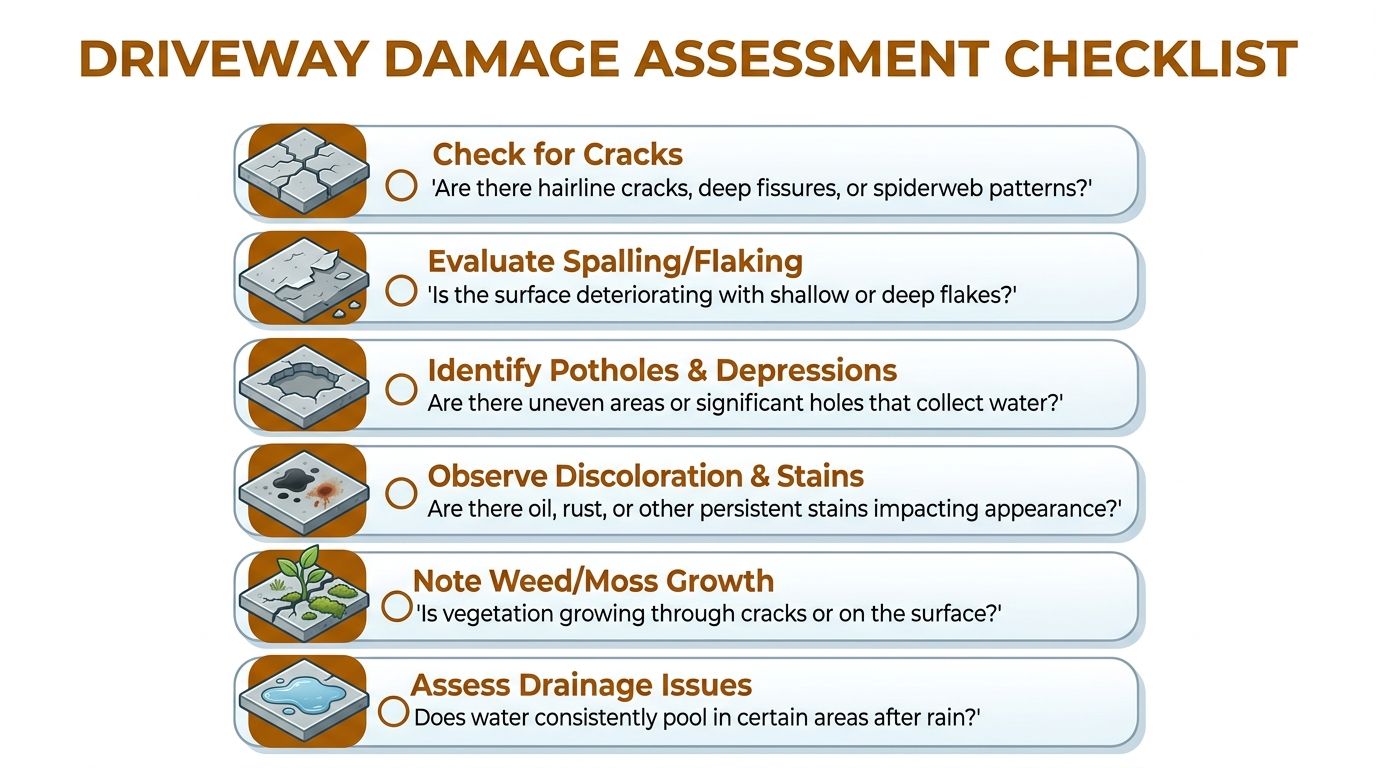 A checklist illustrating common types of driveway damage including cracks, spalling, potholes, stains, weeds, and drainage issues.