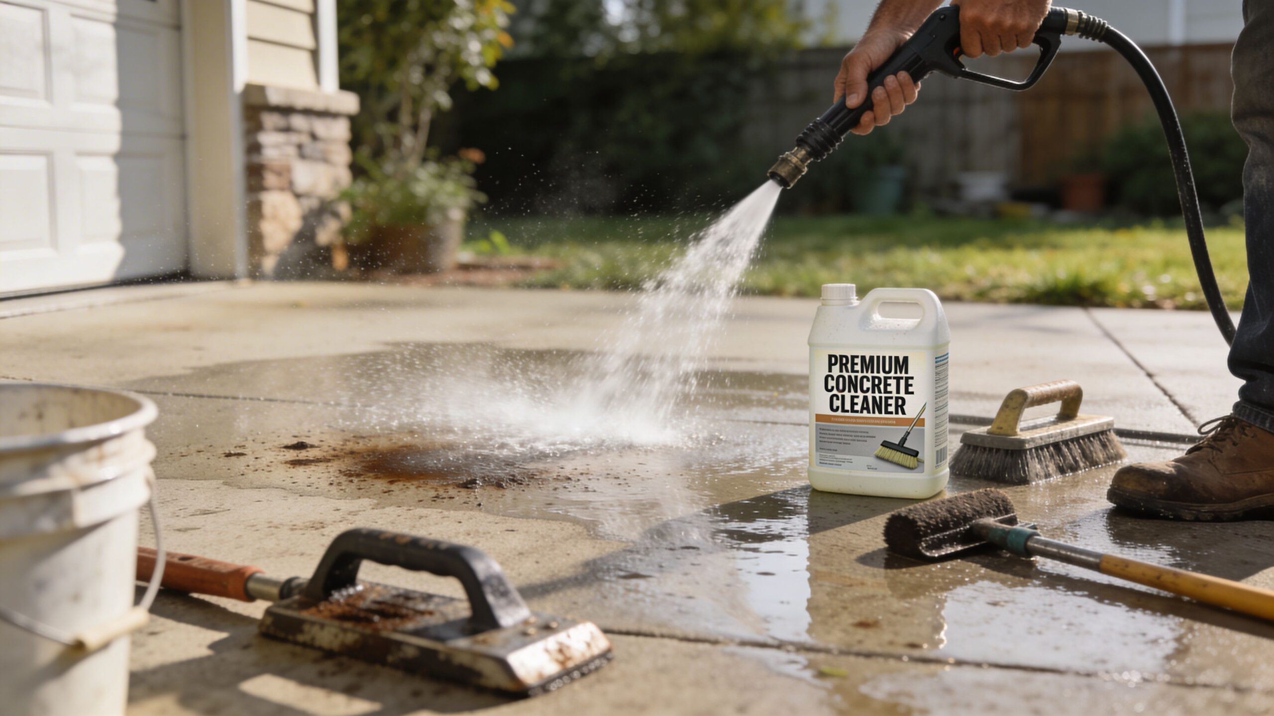 A person using a high-pressure washer to clean stains on a residential concrete driveway with cleaning product.