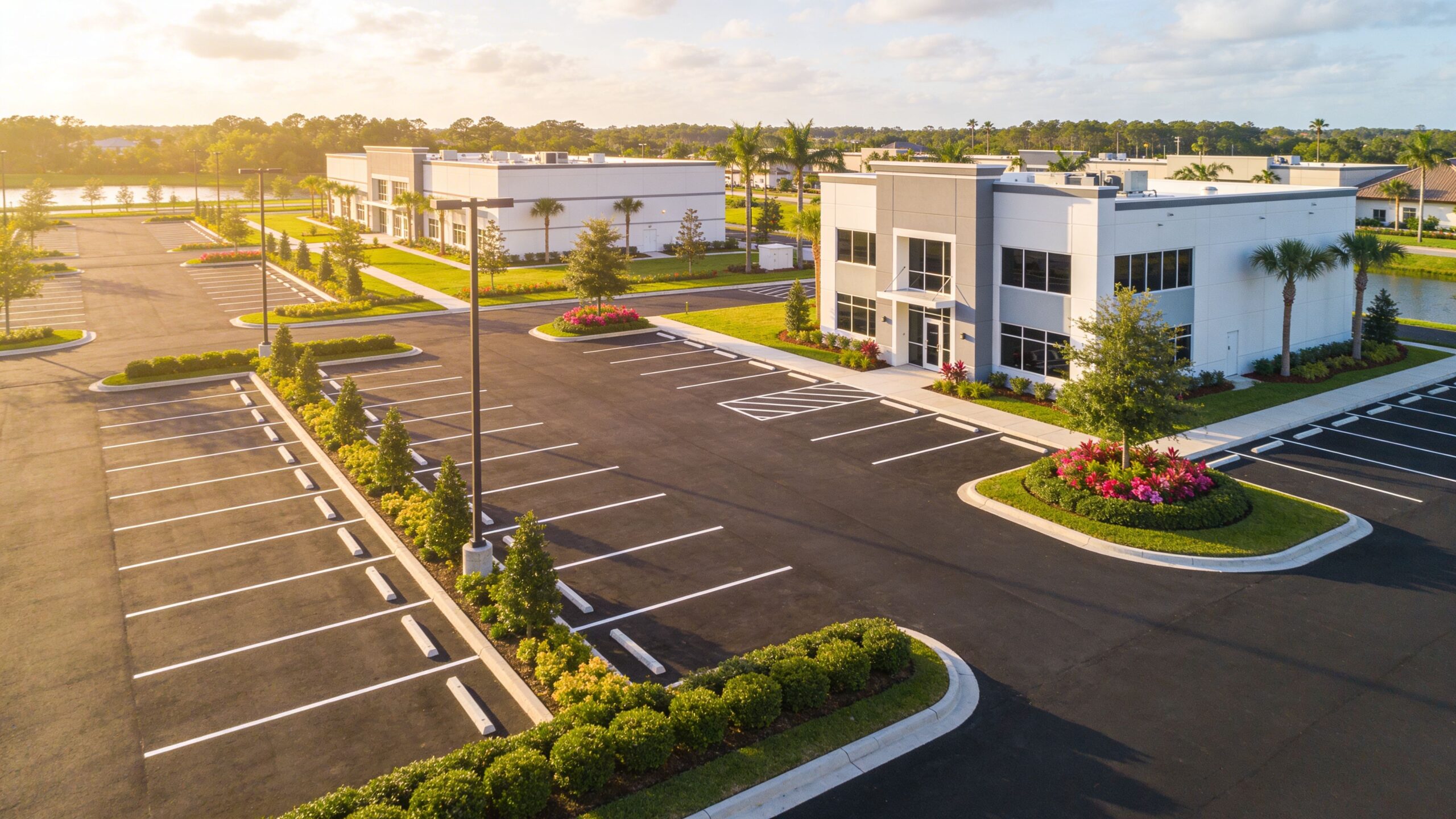 A high-angle view of modern commercial office buildings with freshly striped parking spaces during sunset.
