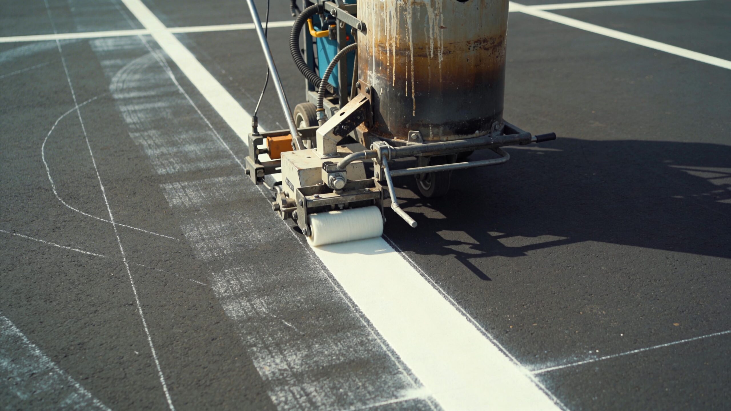 A professional walk-behind machine applying a fresh white painted line to a black asphalt parking lot.