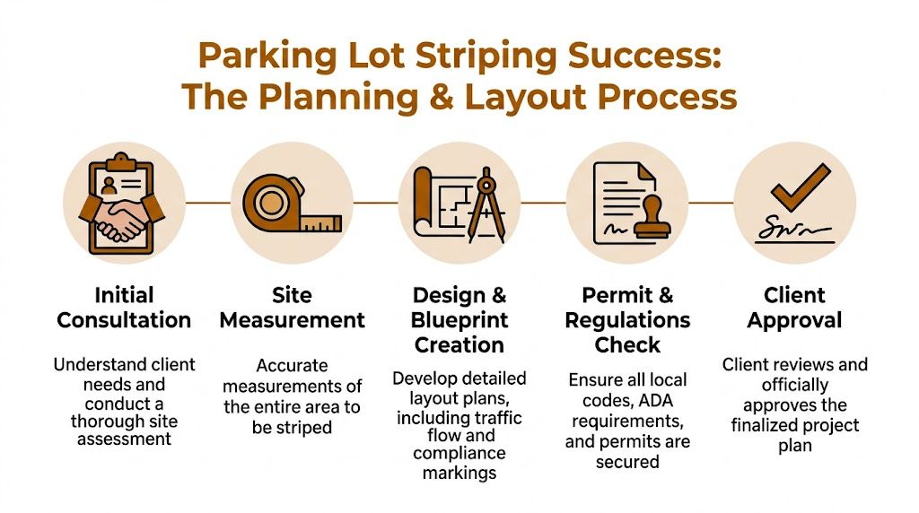 A five-step infographic illustrating the professional planning and layout process for successful parking lot striping projects.