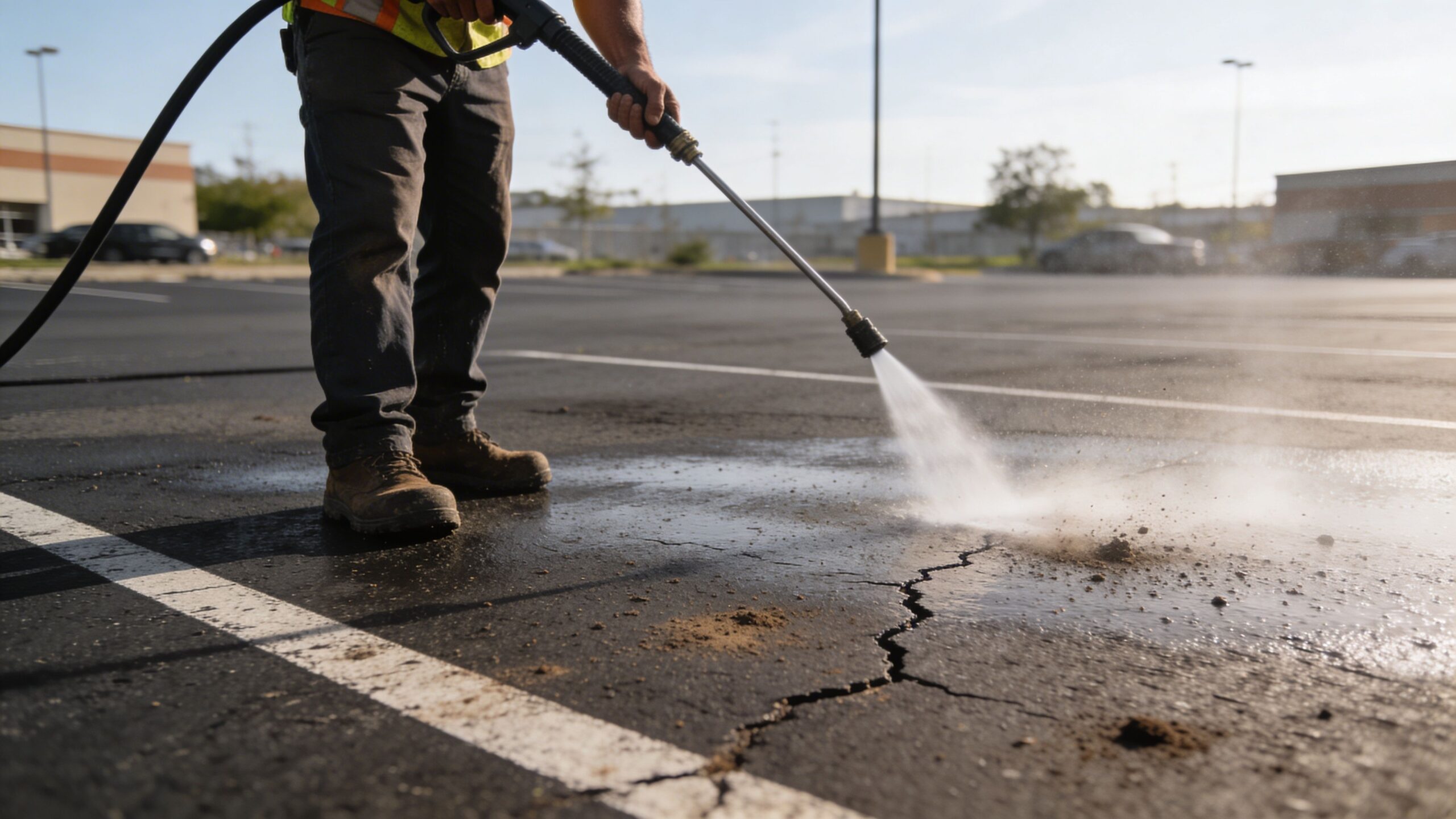 A worker using a pressure washer to clean debris from cracks in an asphalt parking lot surface.