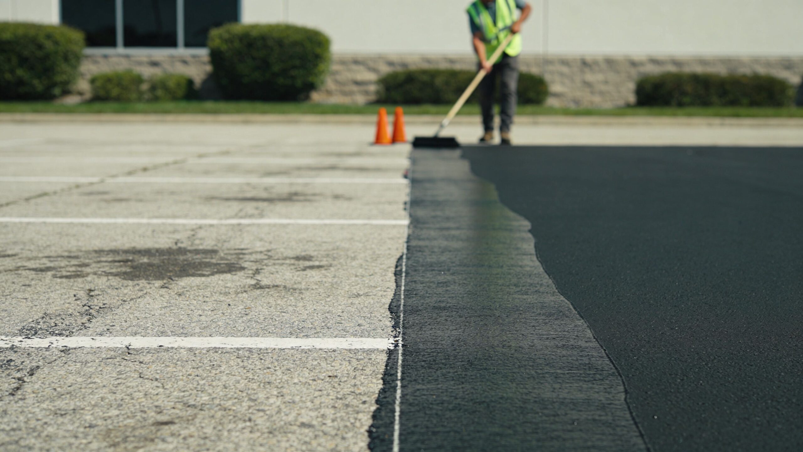 A construction worker applying fresh black asphalt sealant to a worn parking lot surface for maintenance.