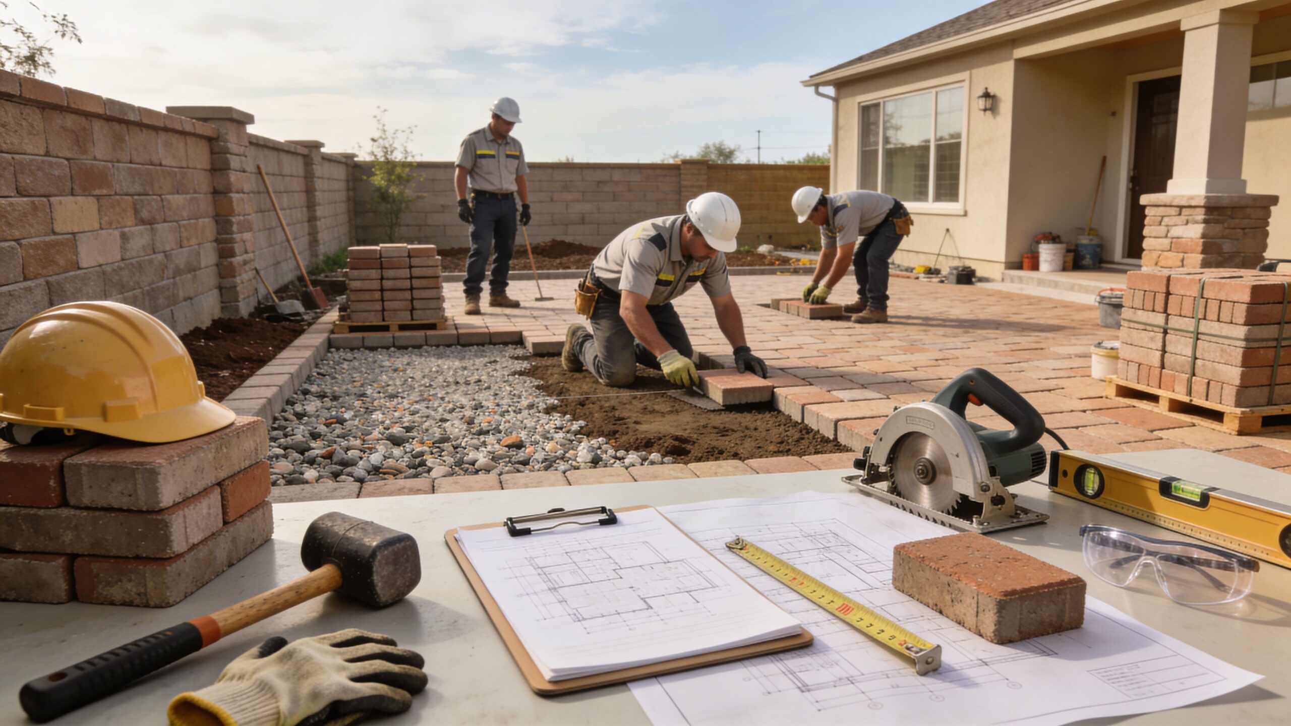 A team of construction workers installing paver bricks for a new backyard patio construction project.