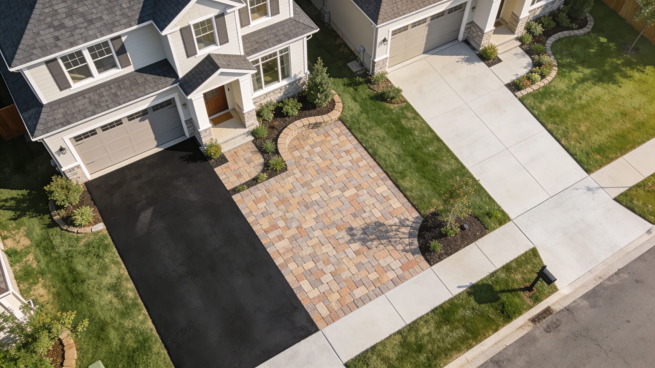 A high-angle aerial view of a suburban house featuring a newly installed paver patio and driveway.