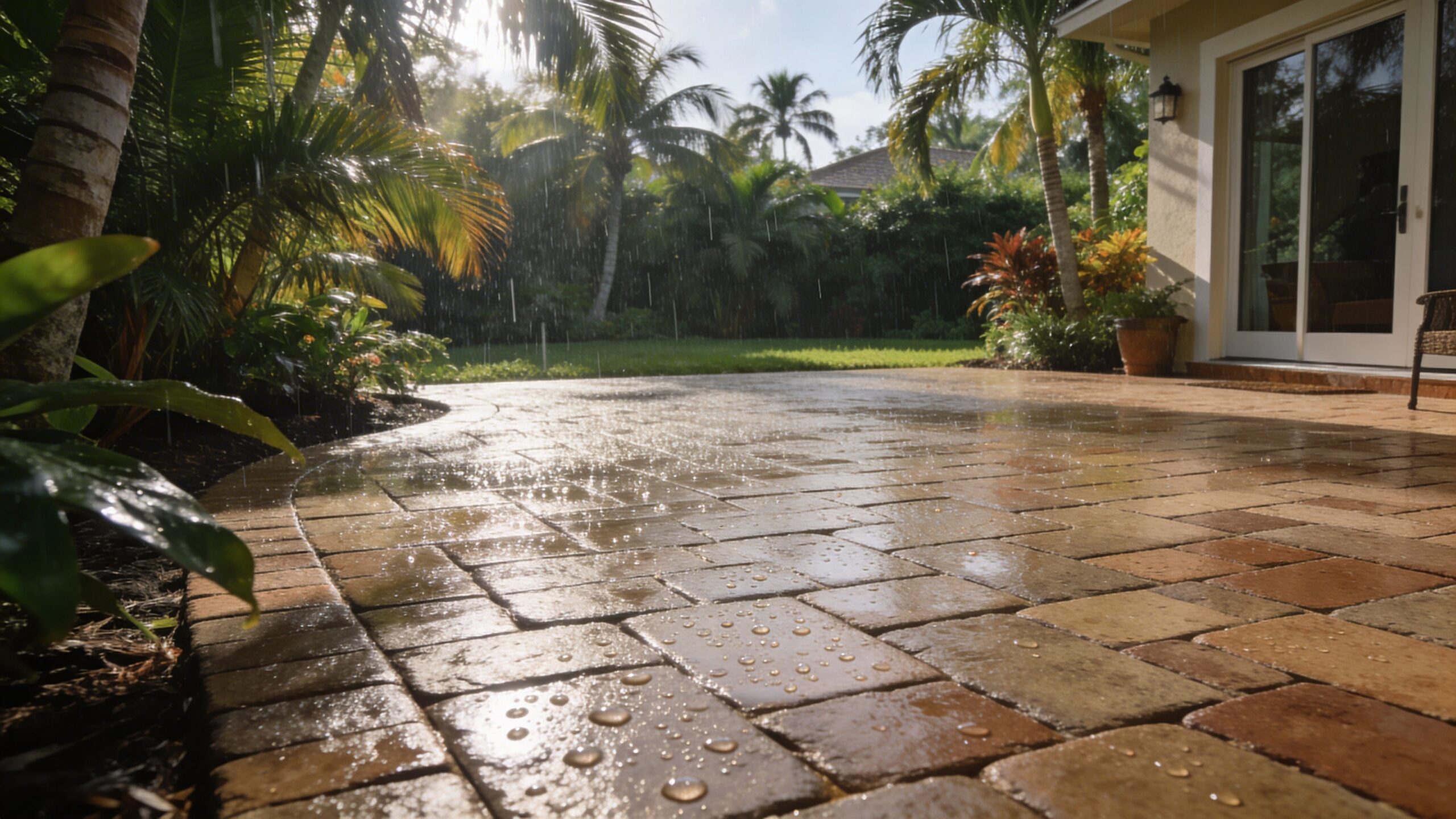 Rain falls gently on a paved patio surface surrounded by lush tropical plants and palm trees.