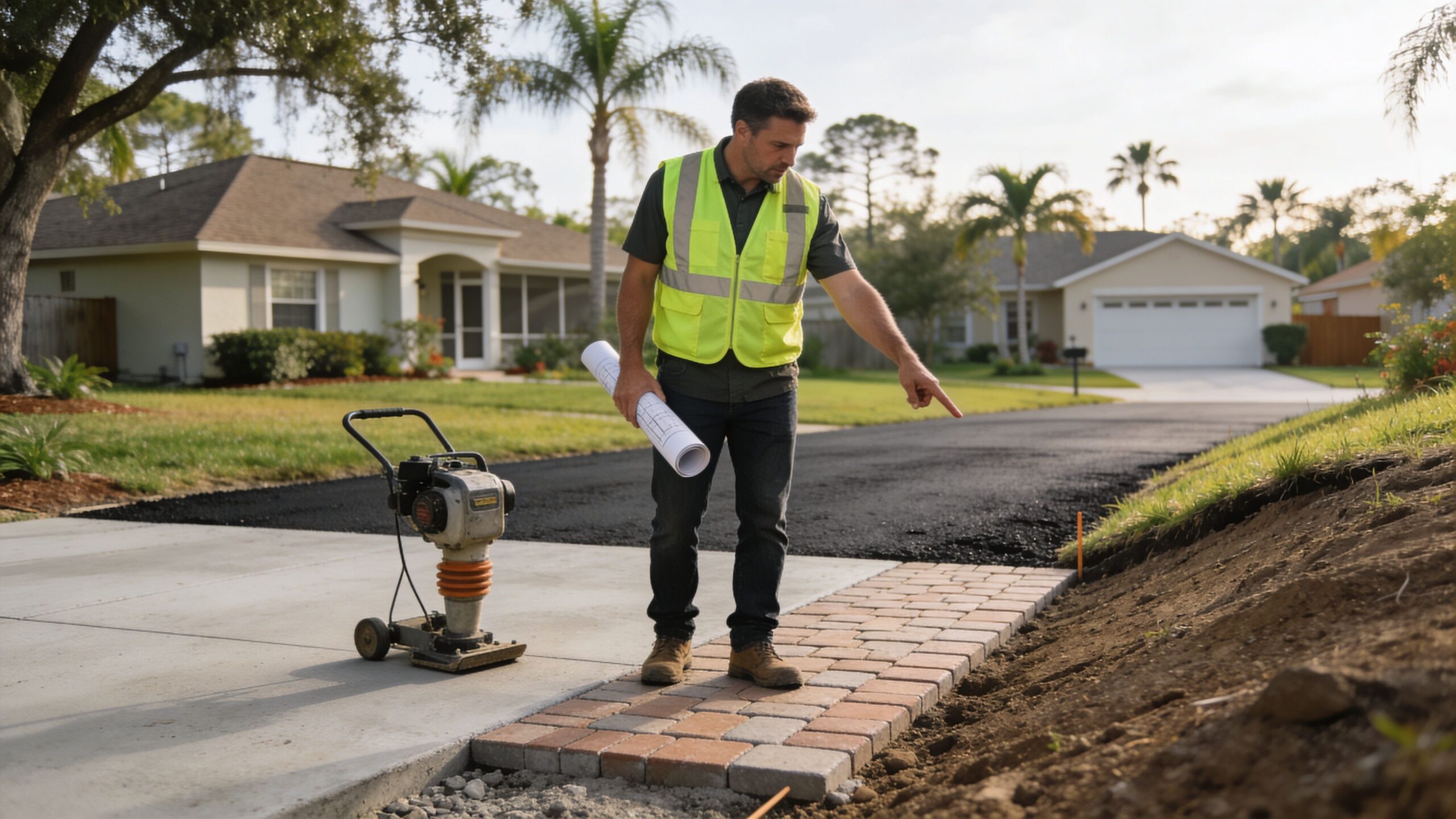 A construction supervisor in a safety vest holding blueprints points towards a newly installed brick paver walkway.