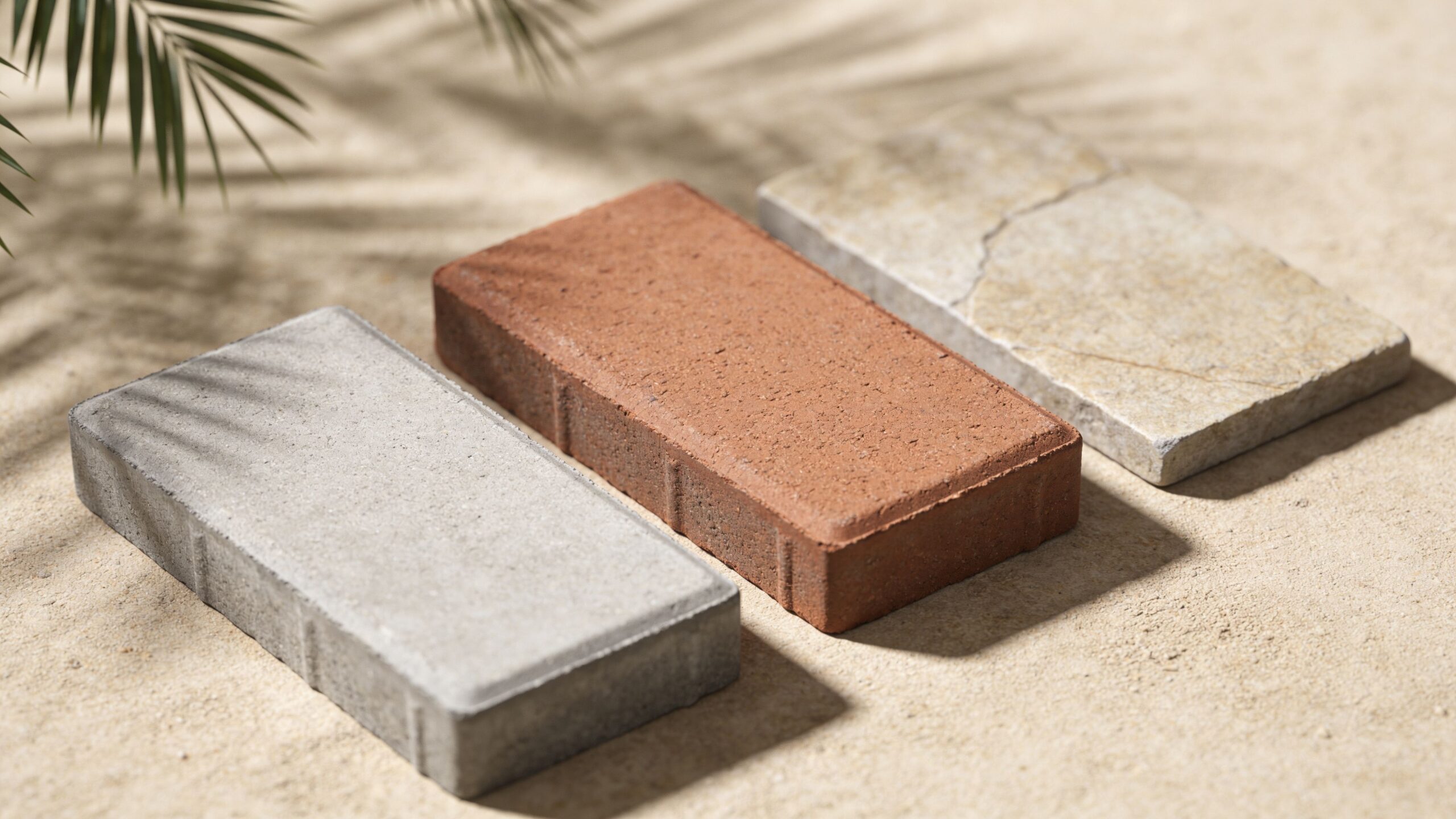 Three rectangular paving stones in gray, red, and stone texture displayed on a sandy background with shadows.