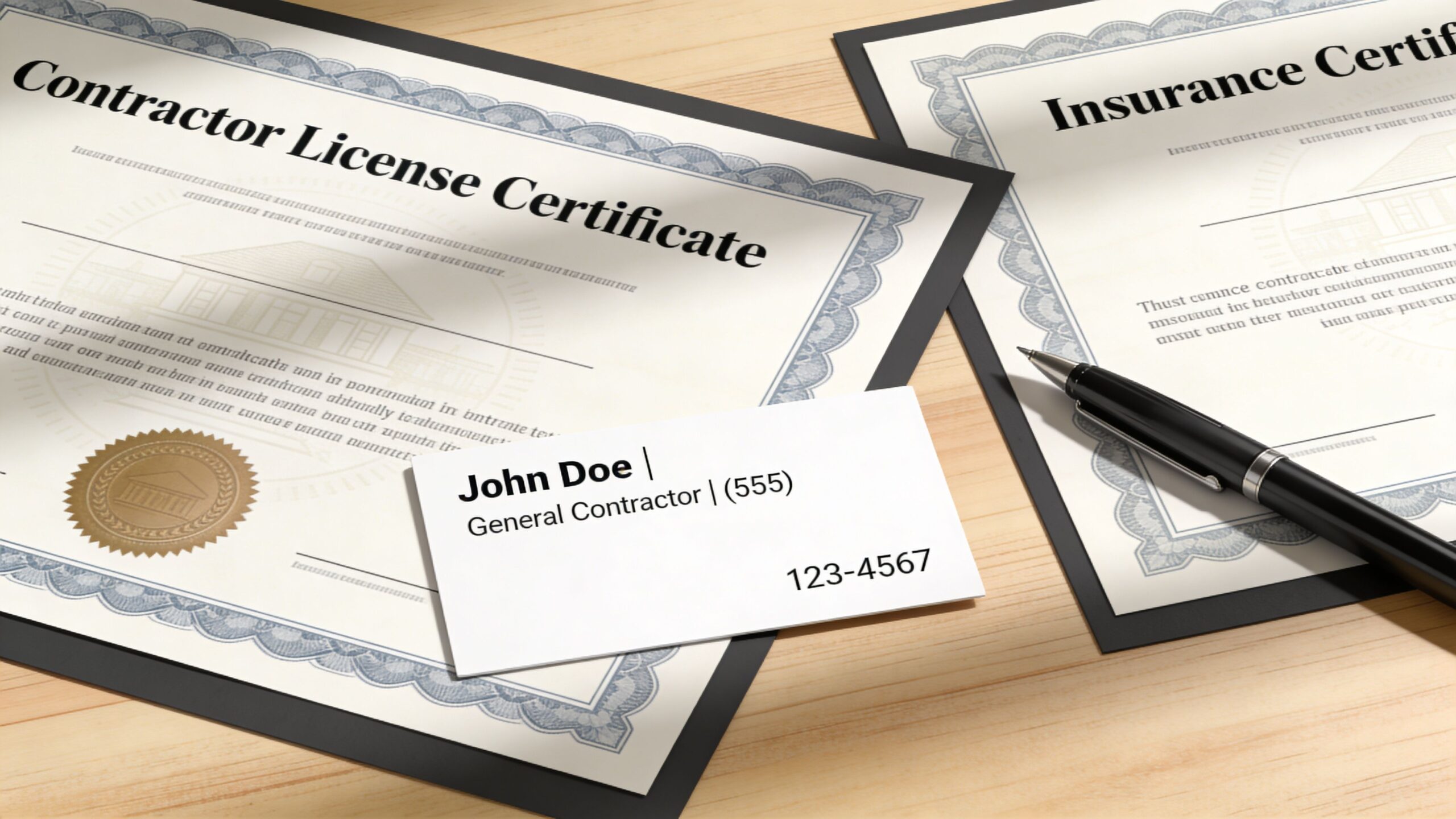 A contractor license certificate, insurance certificate, and a business card for John Doe on a wooden desk.