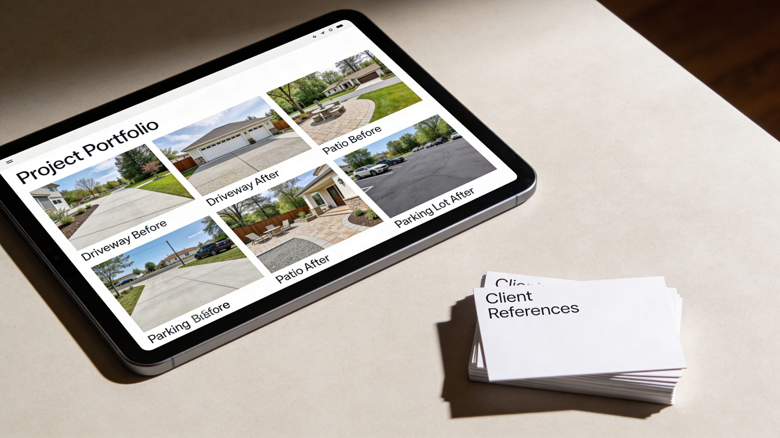 A tablet displaying a concrete project portfolio next to a stack of business cards for client references.