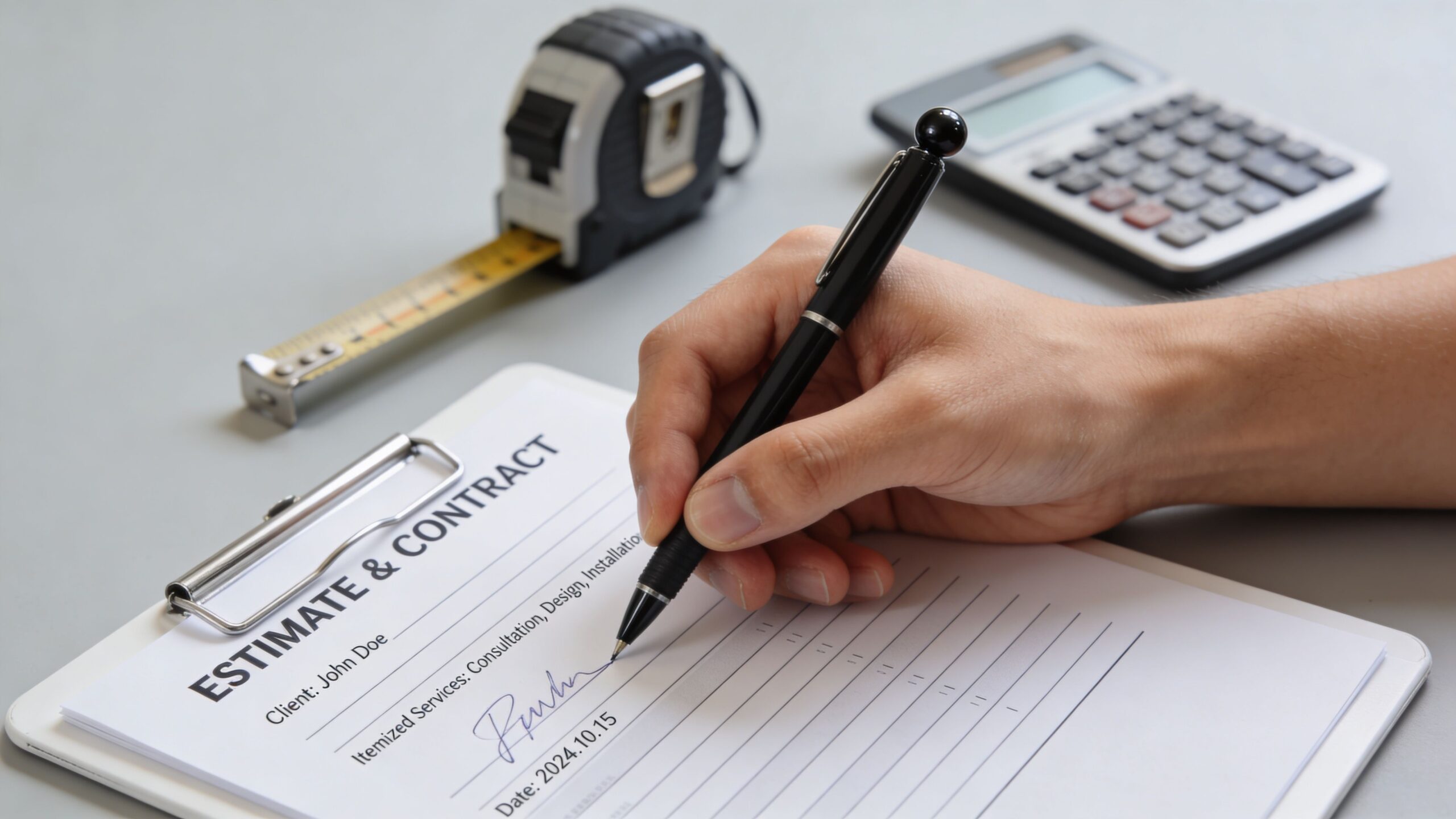 A hand signing an estimate and contract document with a pen, next to a calculator and tape measure.