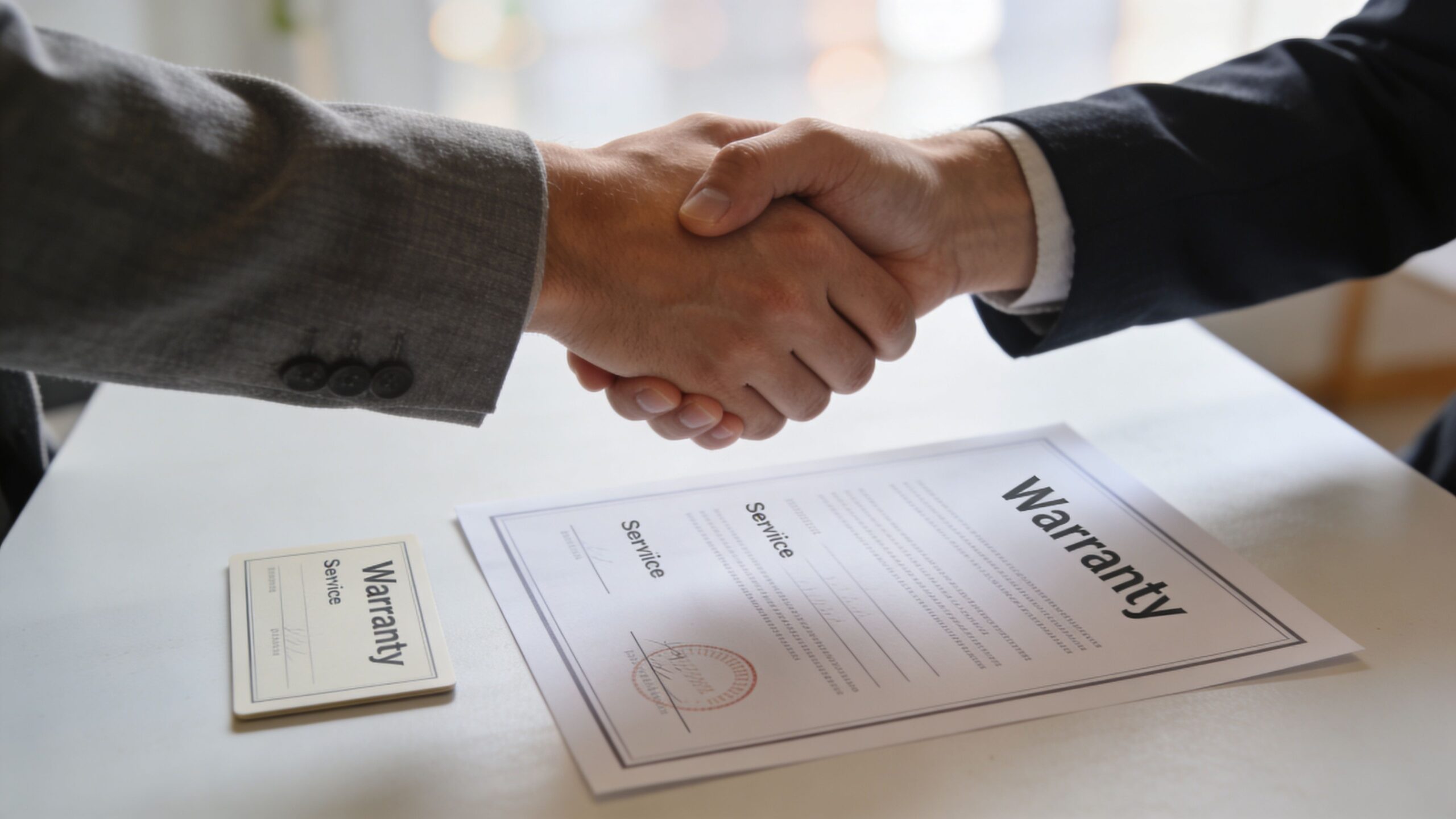 Two professional people shaking hands over a table with a warranty service contract and identification card.
