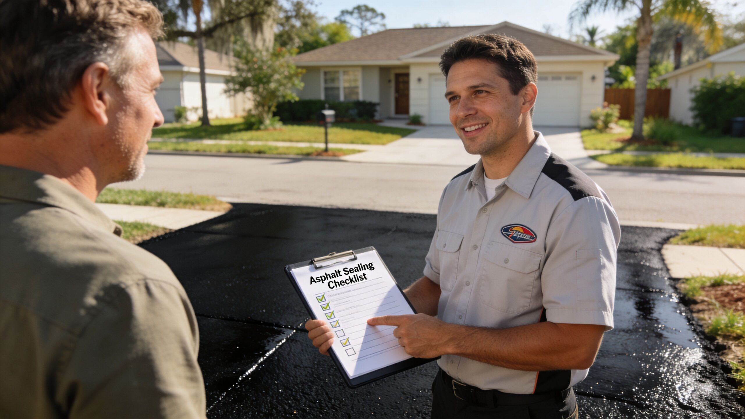 A professional contractor showing an asphalt sealing checklist to a homeowner while standing on a driveway.