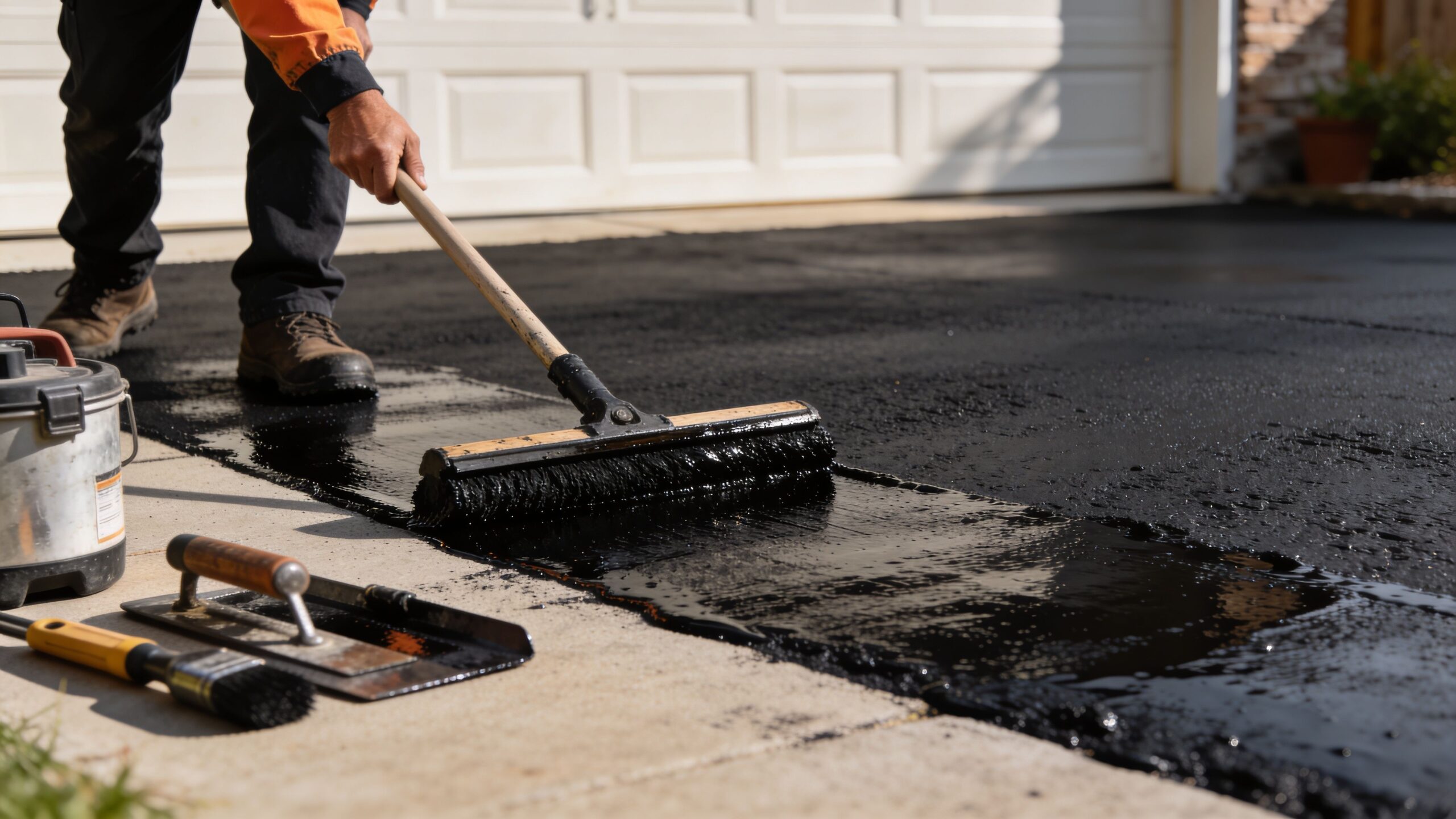 A professional worker using a squeegee to apply black asphalt sealcoating to a residential driveway surface.