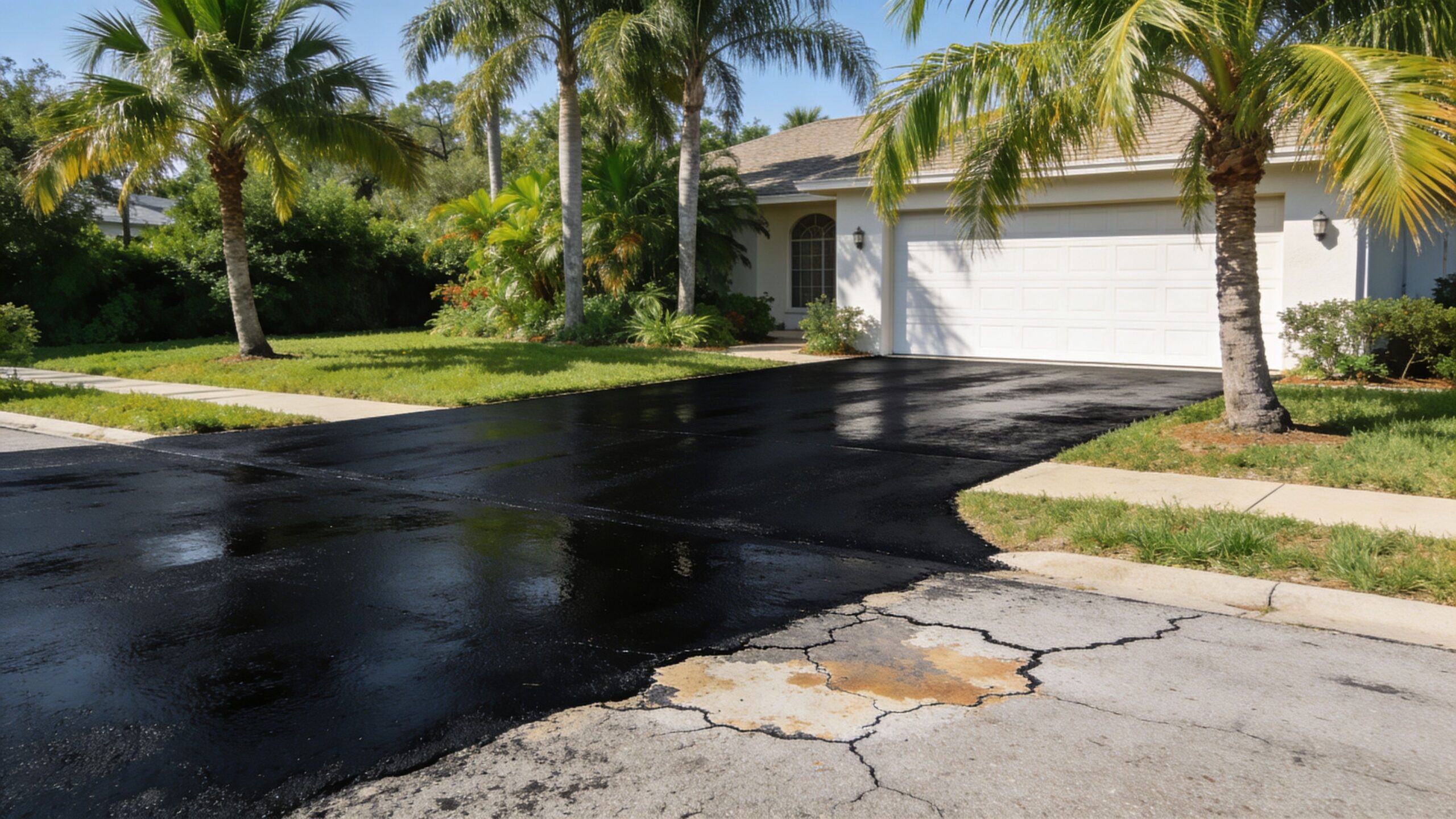 A newly sealcoated driveway transitioning from fresh black asphalt to an older cracked concrete street surface.