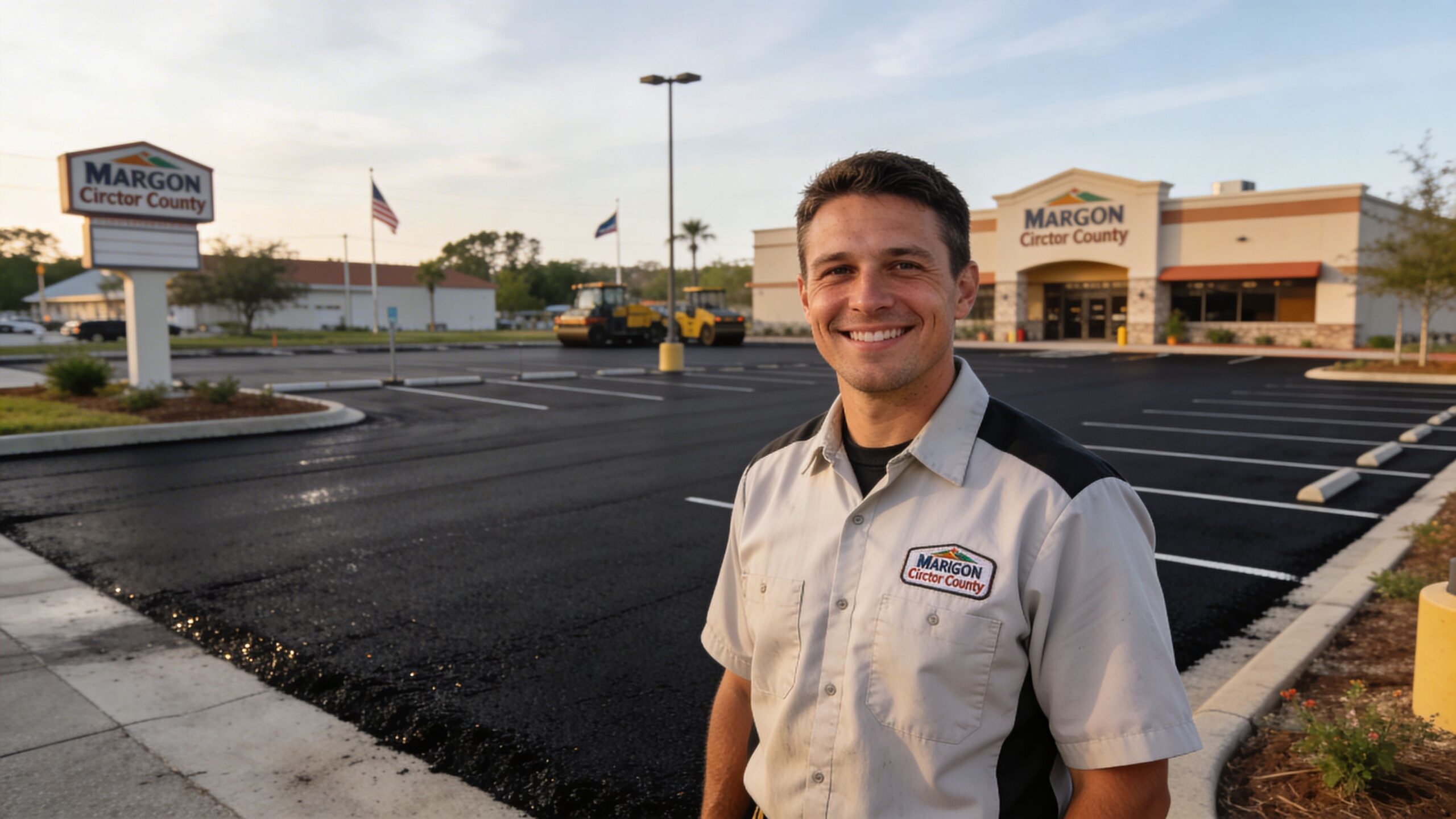 A smiling worker standing in front of a freshly paved asphalt parking lot at Marigon Circtor County.