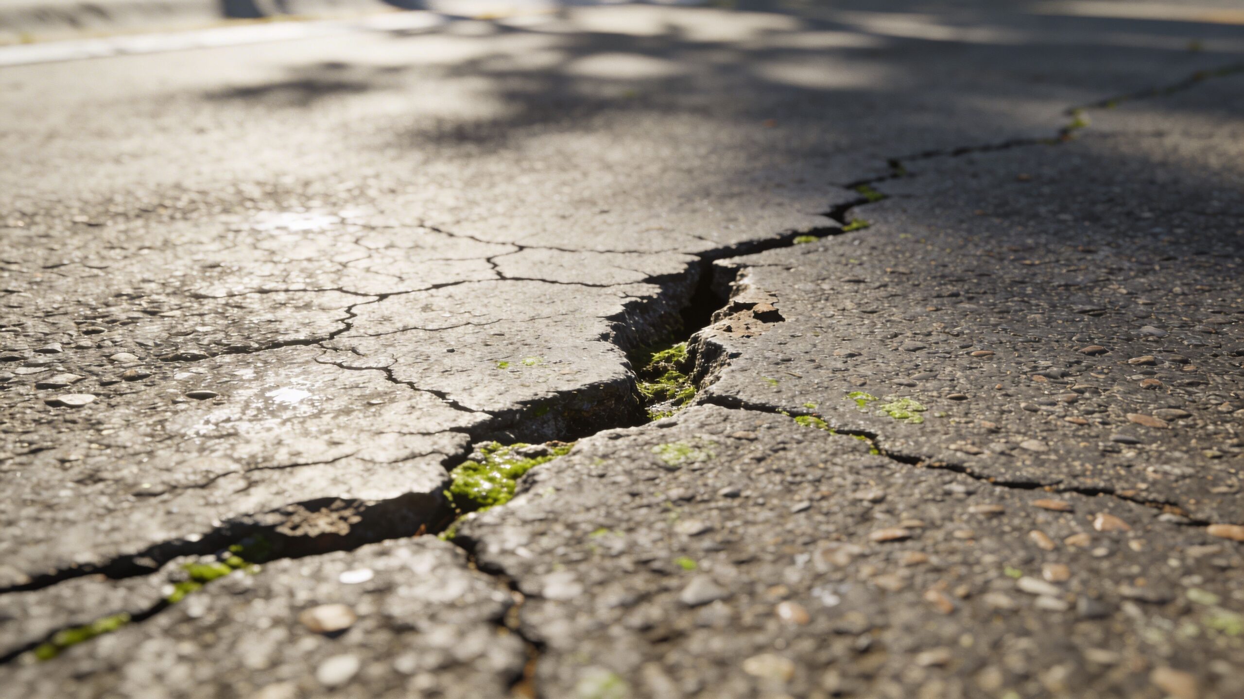 A large crack in old asphalt pavement with green moss growing inside the deep fissure.