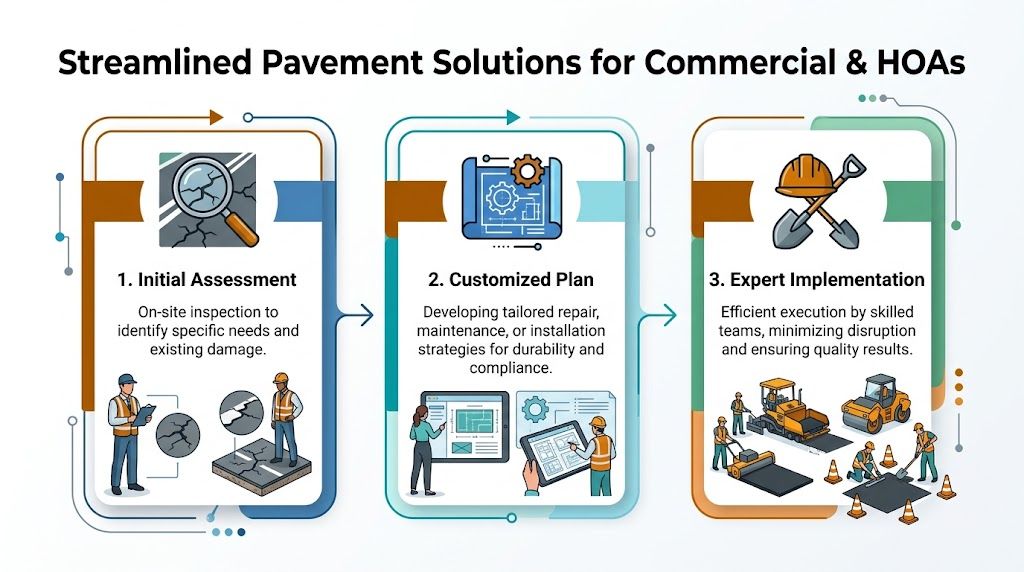 A three-step infographic showing the pavement solution process for commercial properties and homeowners associations.