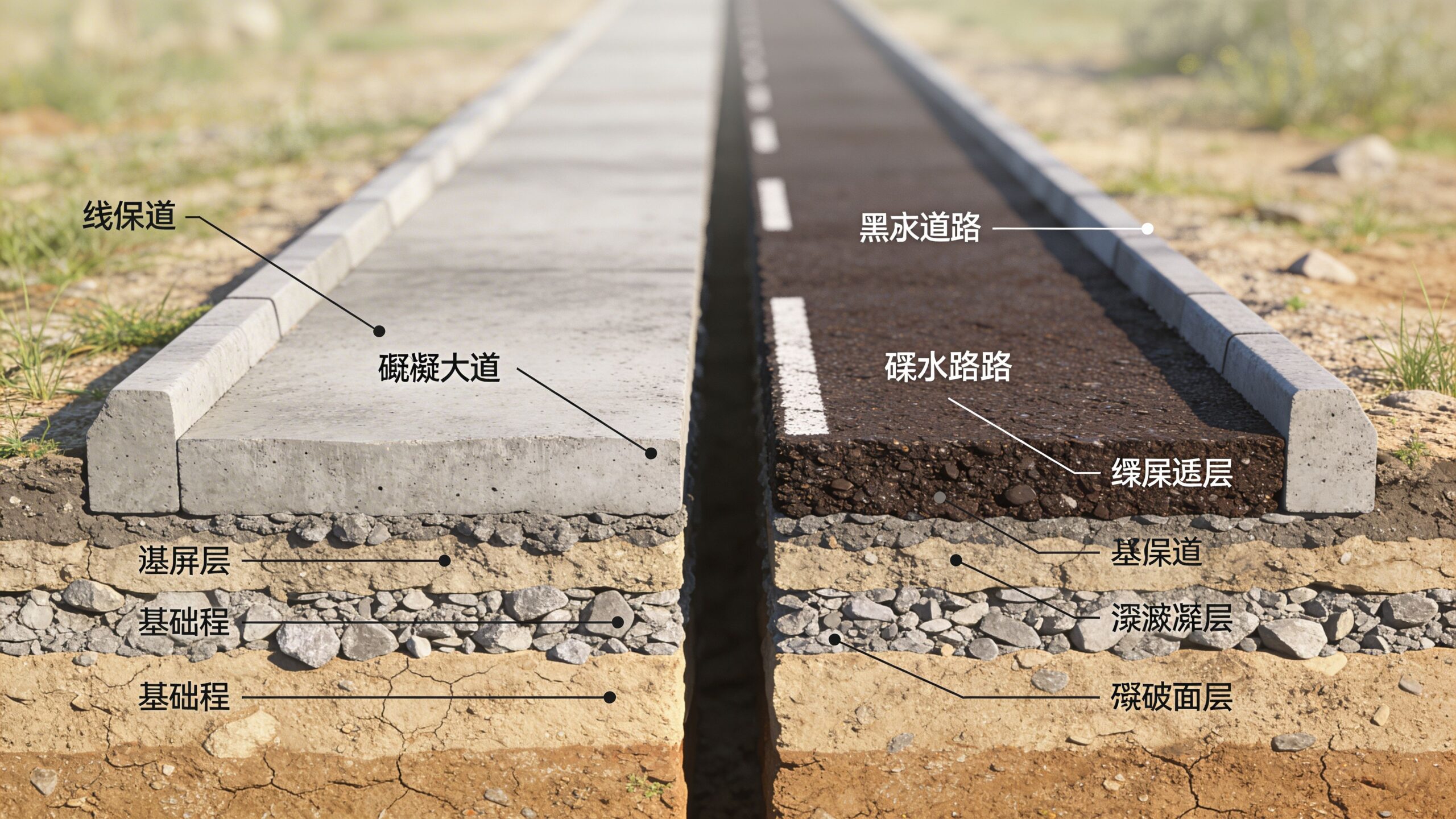 Cross section diagram comparing the structure of concrete and asphalt road surfaces with layered construction materials.