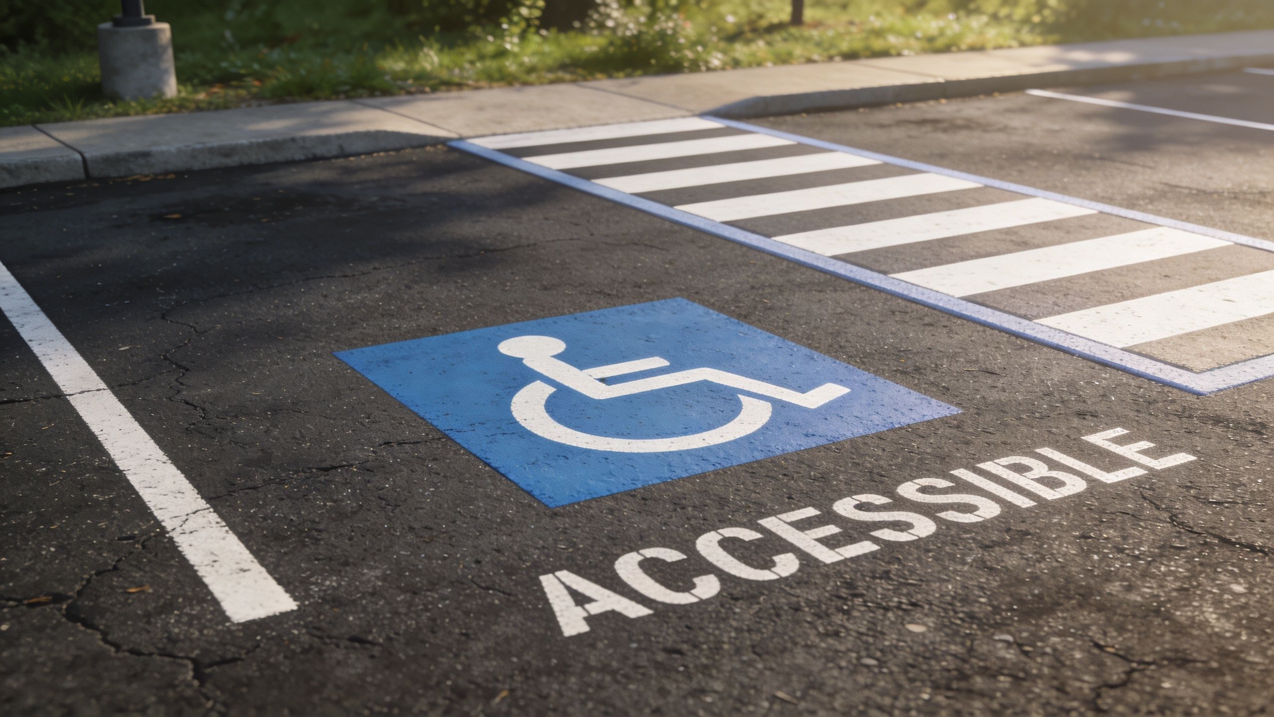 A handicap parking spot with an accessible symbol painted on the asphalt near a crosswalk.