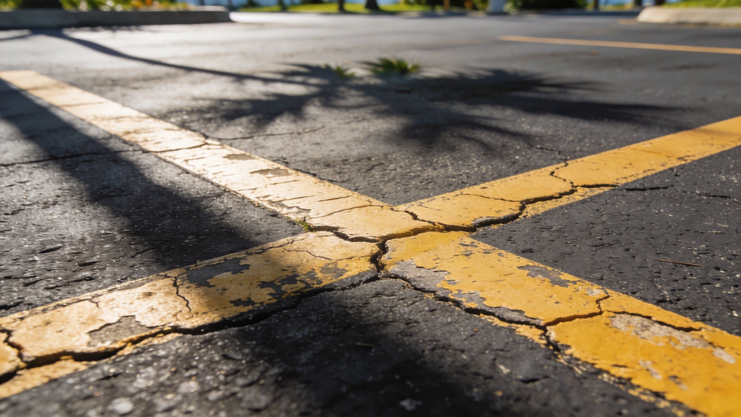 Cracked asphalt in a parking lot with faded yellow painted lines under bright sunlight and shadows.