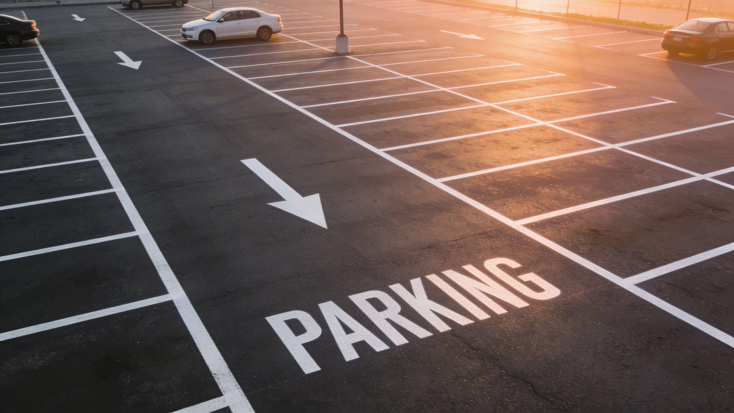 An aerial view of an asphalt parking lot with white painted parking spaces and directional arrows.