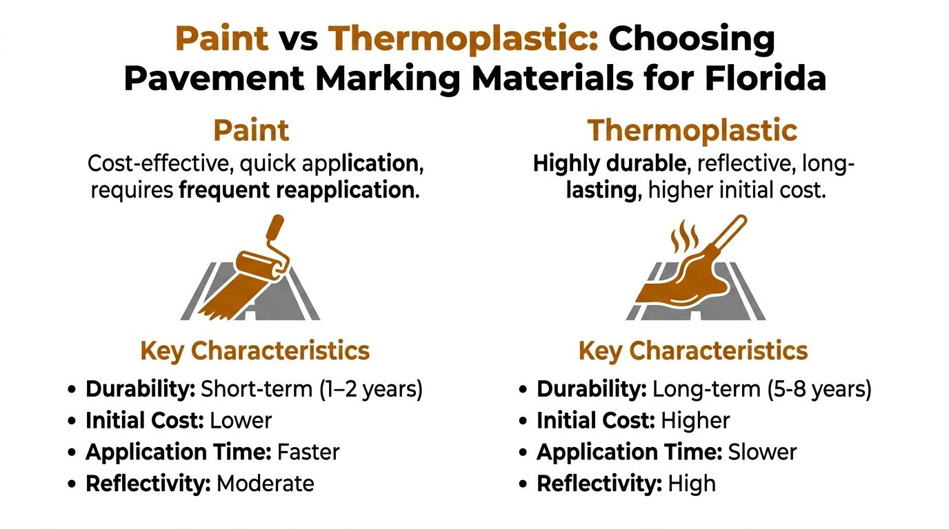 A comparison chart showing the differences between paint and thermoplastic materials for pavement markings in Florida.