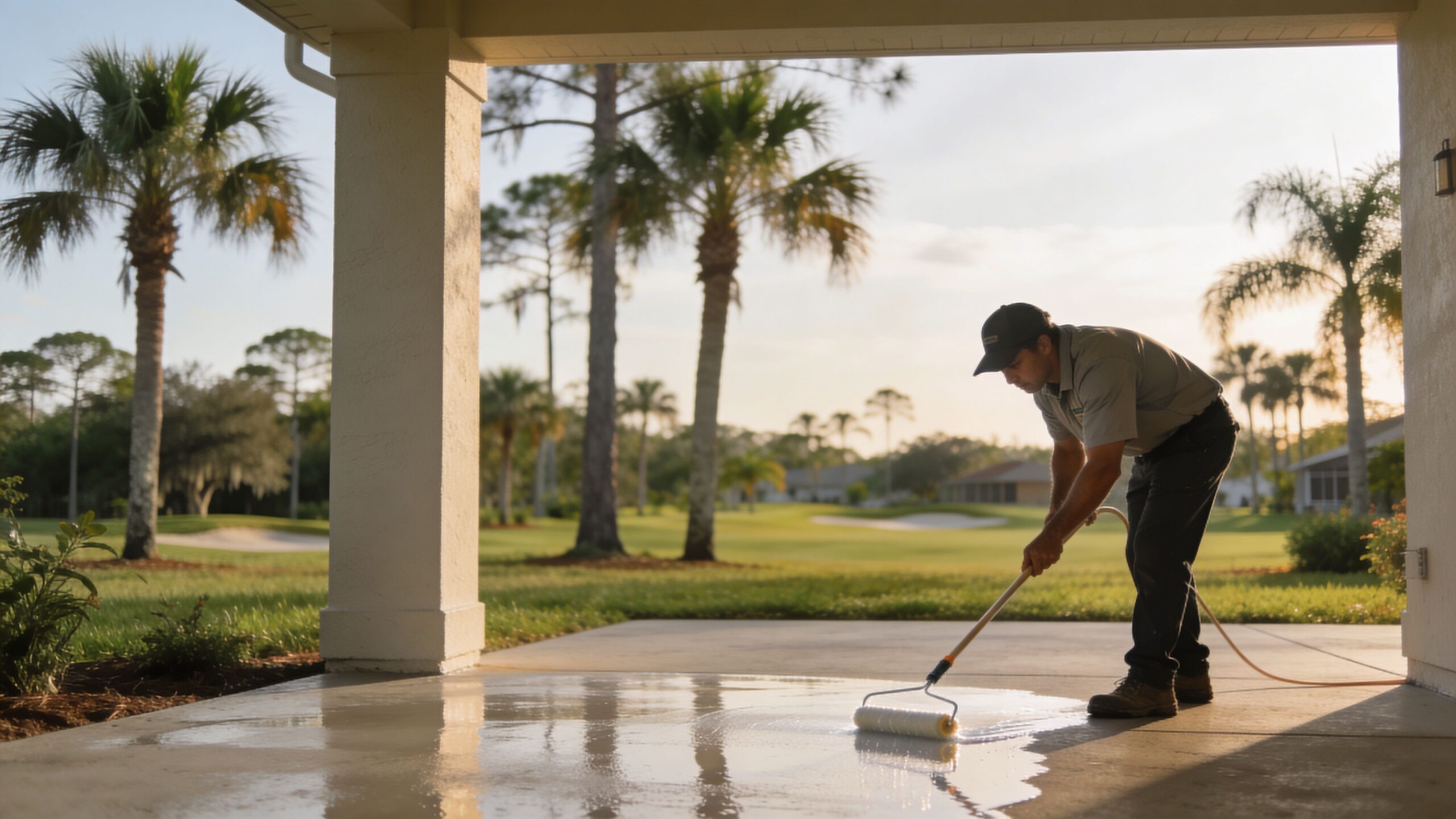 A professional worker applying a protective sealant to a residential concrete patio with a roller.