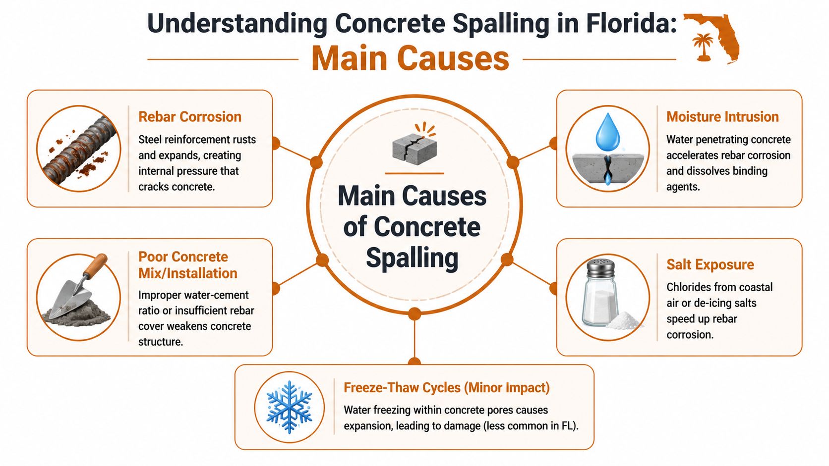 An infographic detailing the main causes of concrete spalling in Florida, including rebar corrosion and salt exposure.