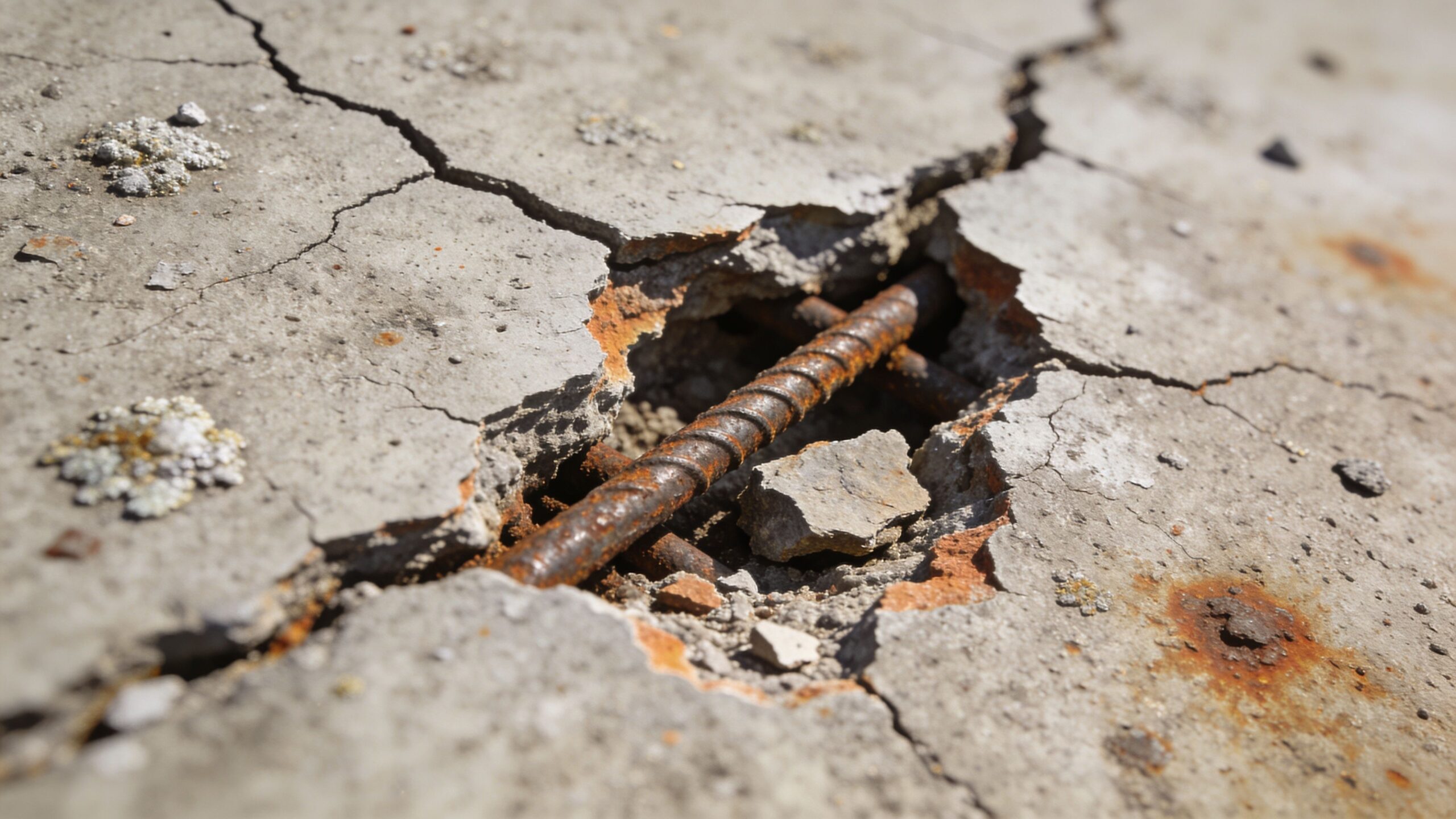A close-up view of cracked concrete showing exposed rusty rebar, illustrating structural concrete spalling and decay.