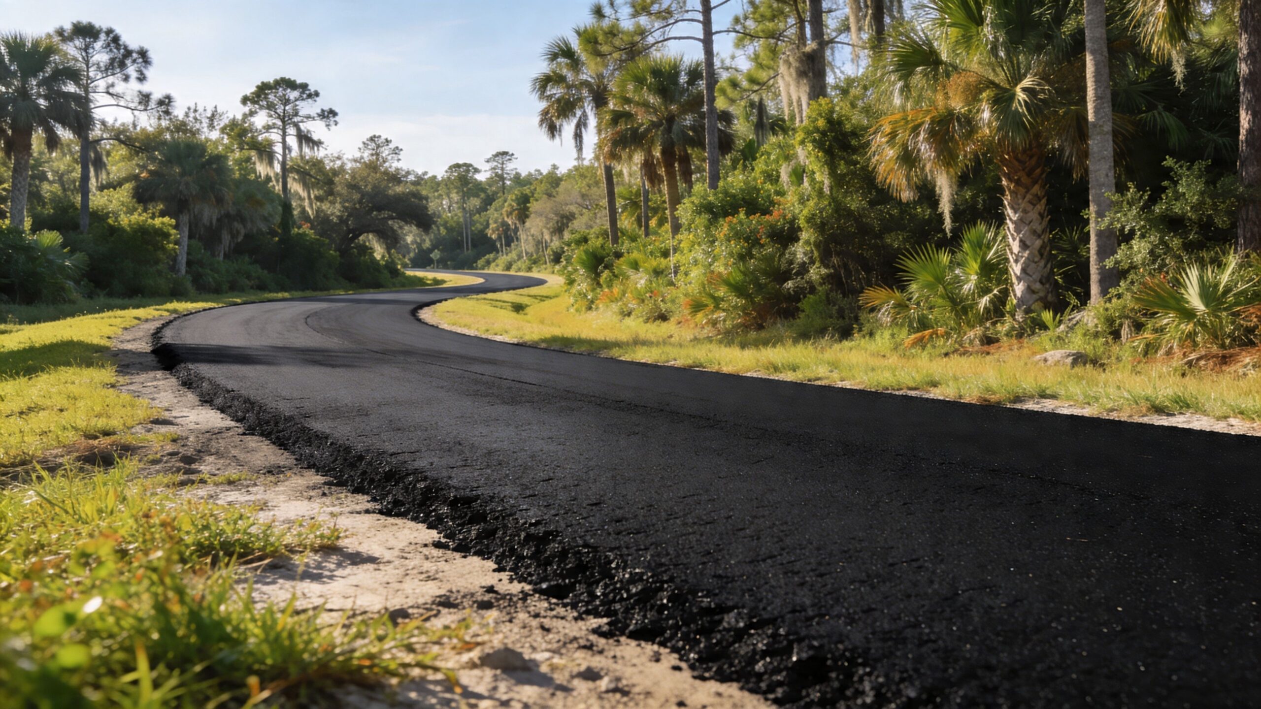 A newly paved black hot mix asphalt road winding through a lush green tropical forest landscape.