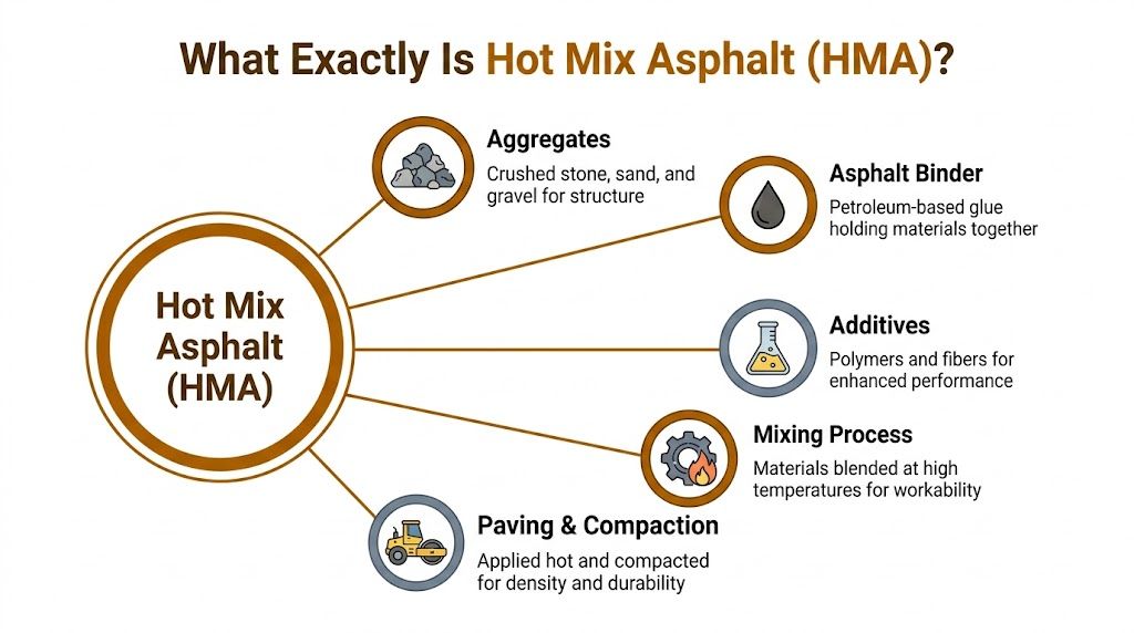 A diagram explaining the components and process of creating hot mix asphalt for road construction projects.