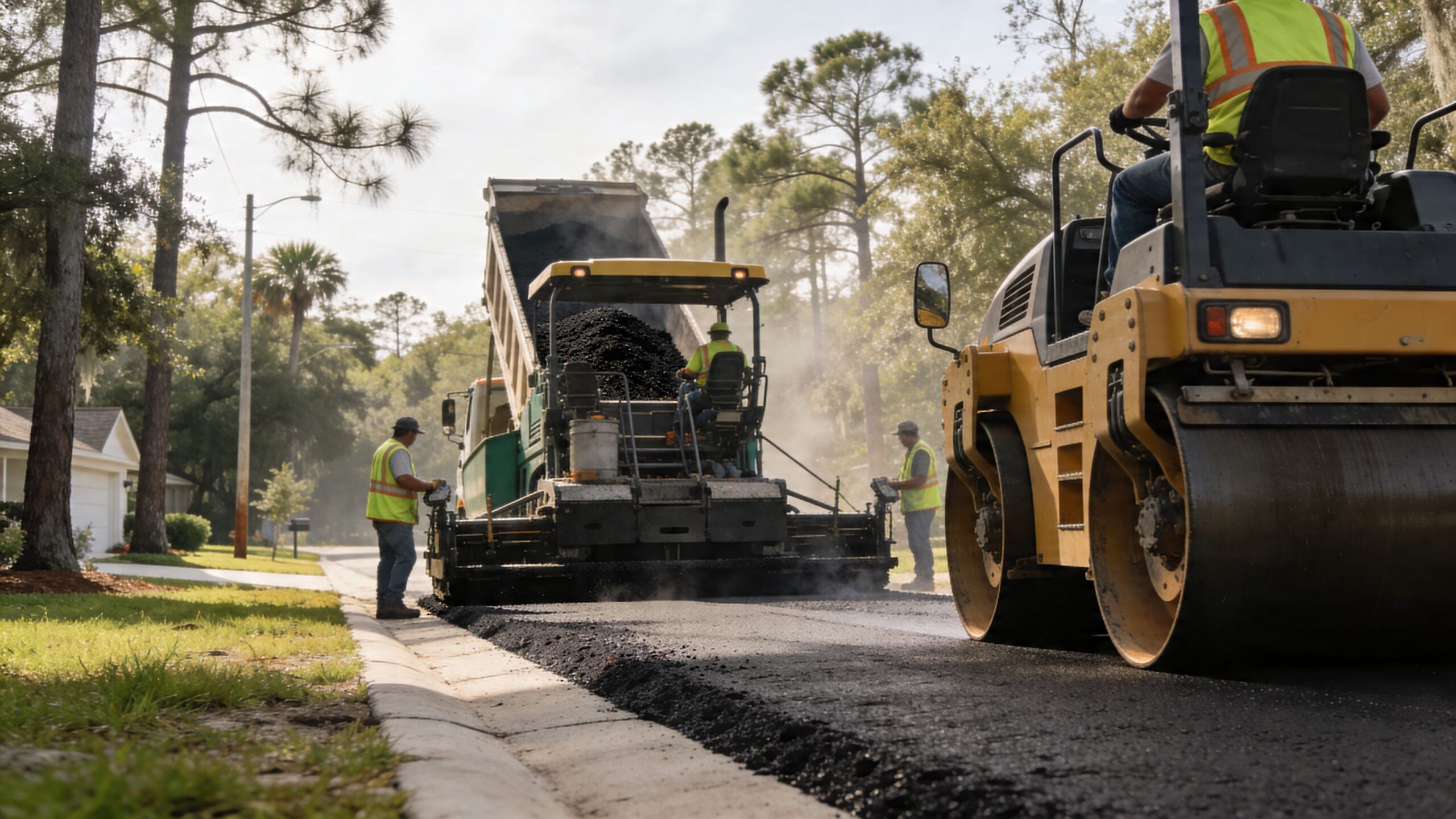 Construction crew using heavy machinery to lay down fresh hot mix asphalt on a residential neighborhood street.