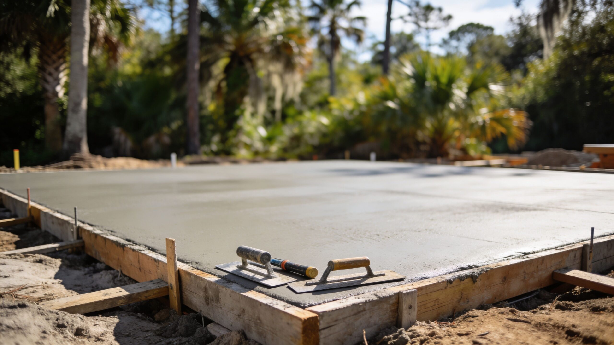 A newly poured wet concrete slab for a residential foundation with construction tools resting on the surface.