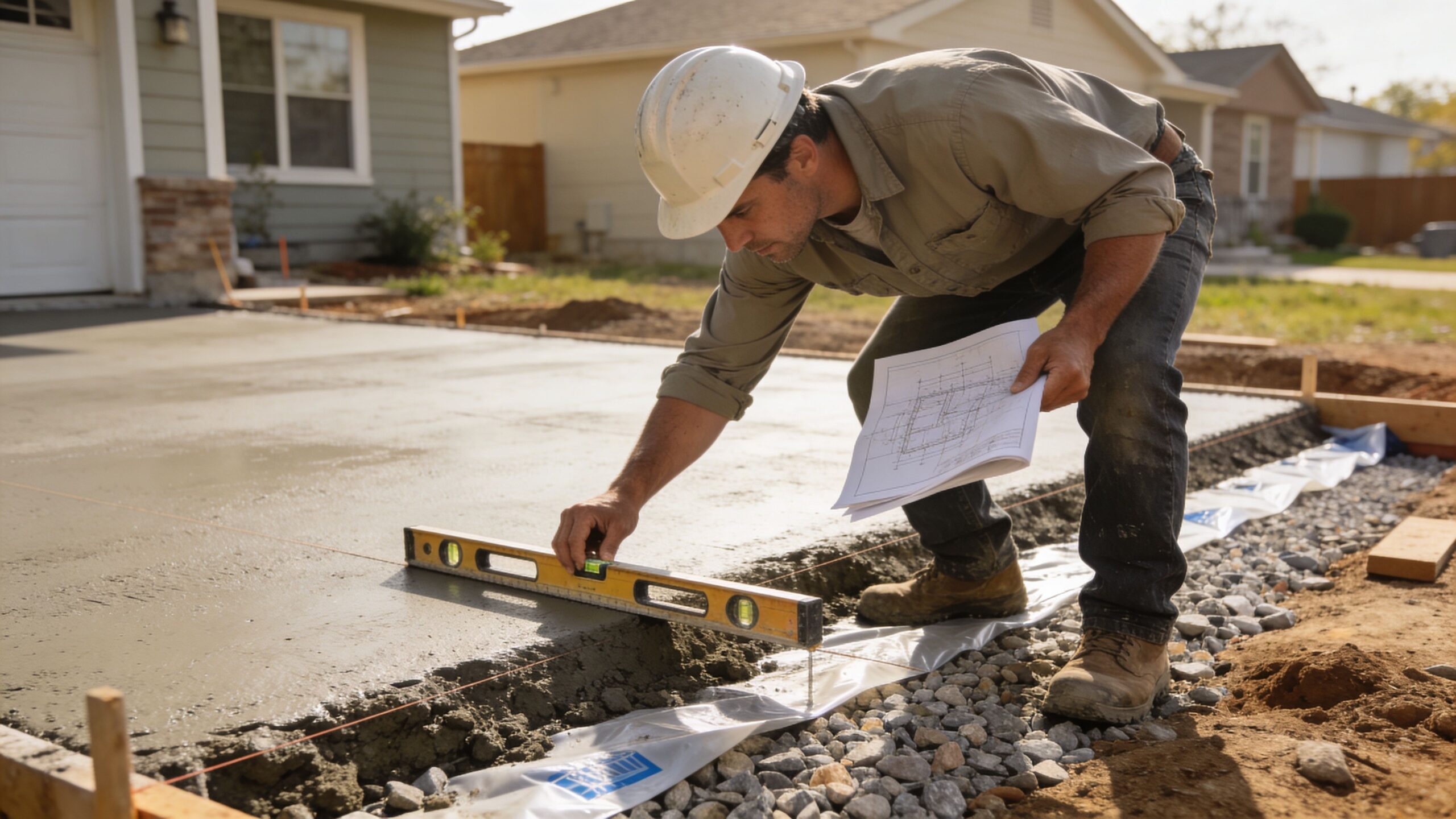 A construction worker in a hard hat checks the level of a freshly poured concrete slab.