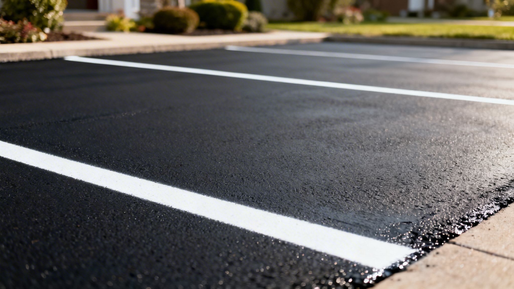 A freshly paved asphalt driveway with bright white parking lines leading up to a residential home.