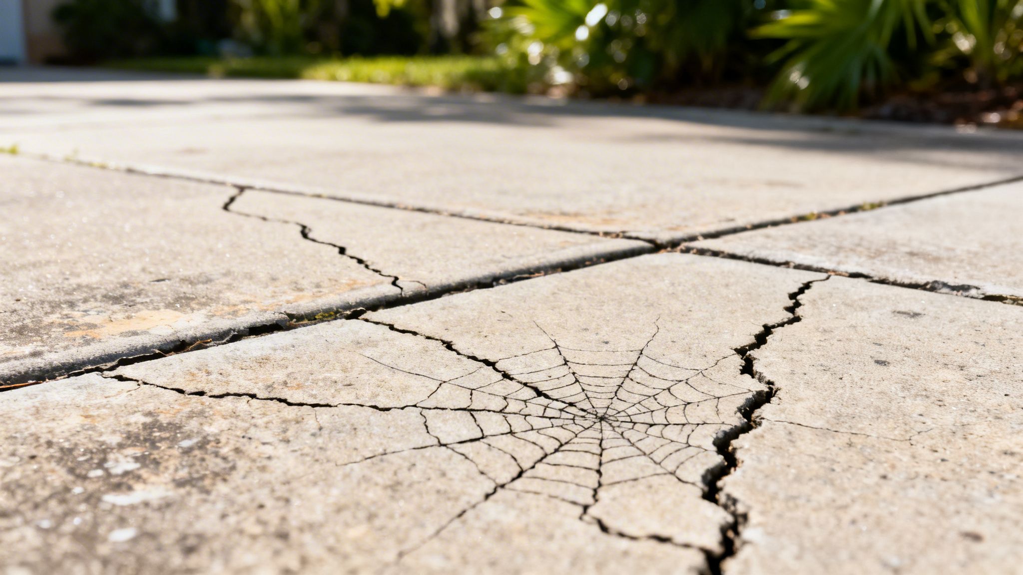 A close up view of a concrete driveway surface with a distinct spiderweb shaped crack pattern