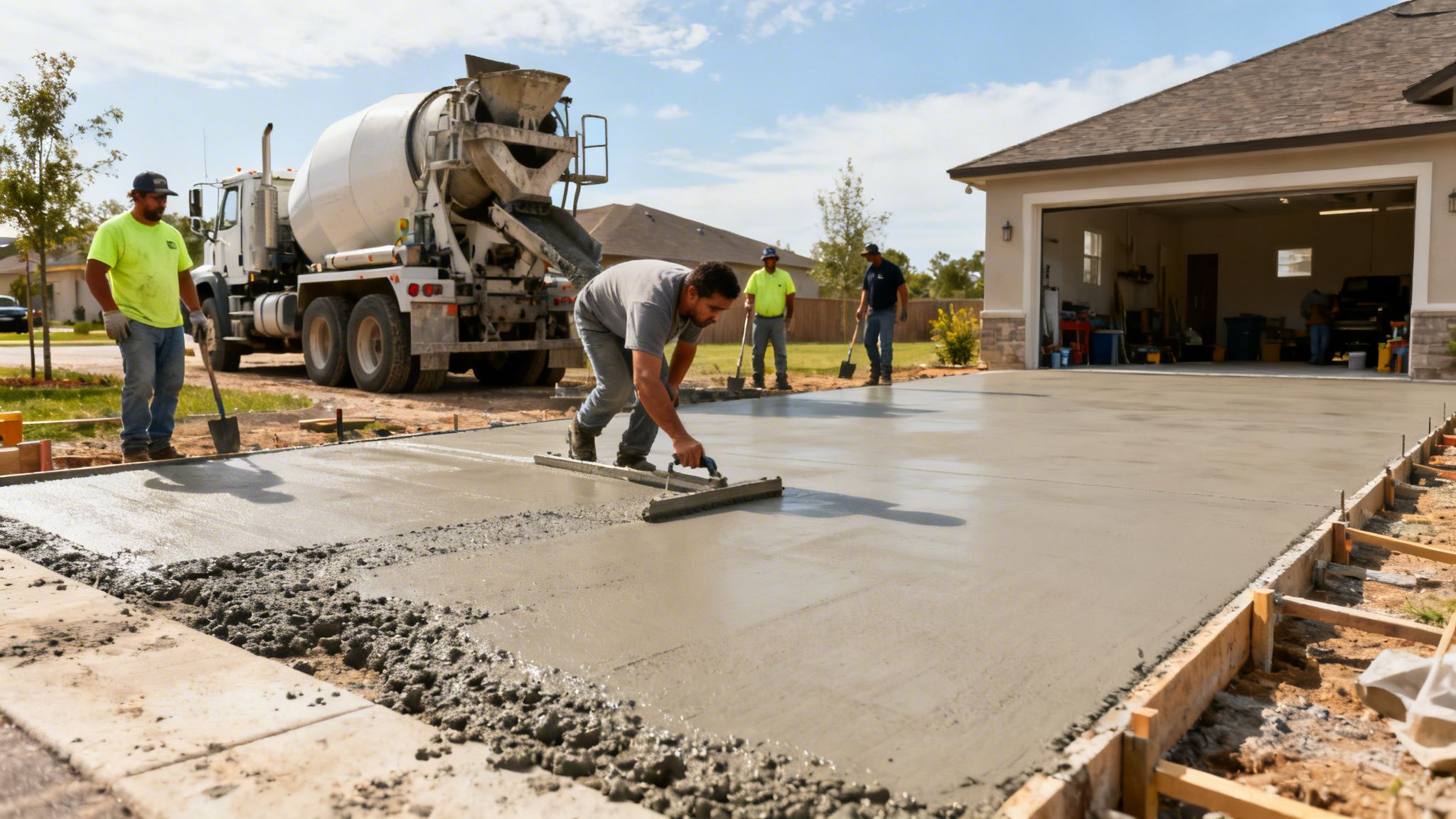 Construction workers pouring and smoothing fresh wet concrete to install a new residential driveway in front of a house.